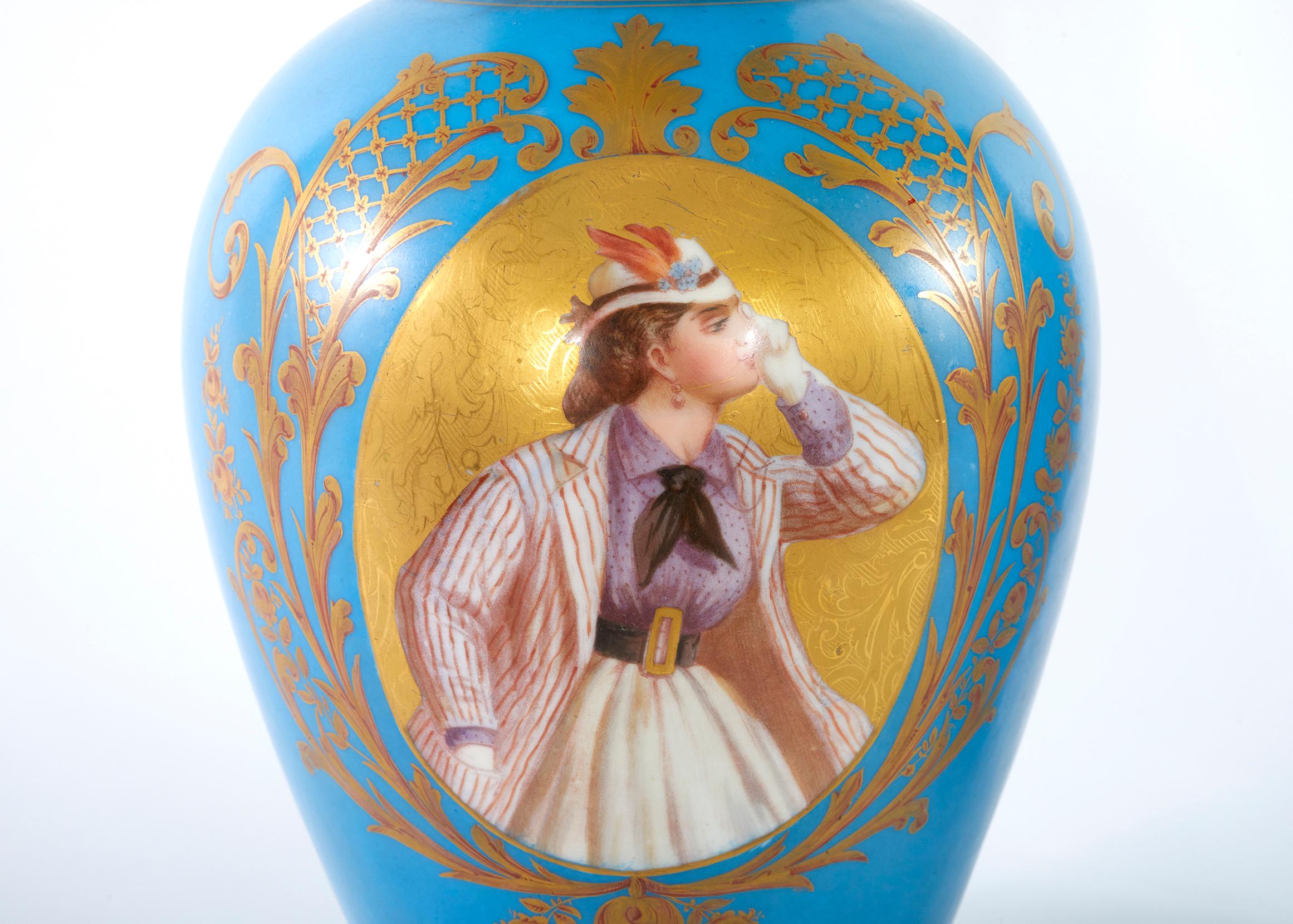 Hand-Painted 19th Century Paris Porcelain Pair Vases For Sale