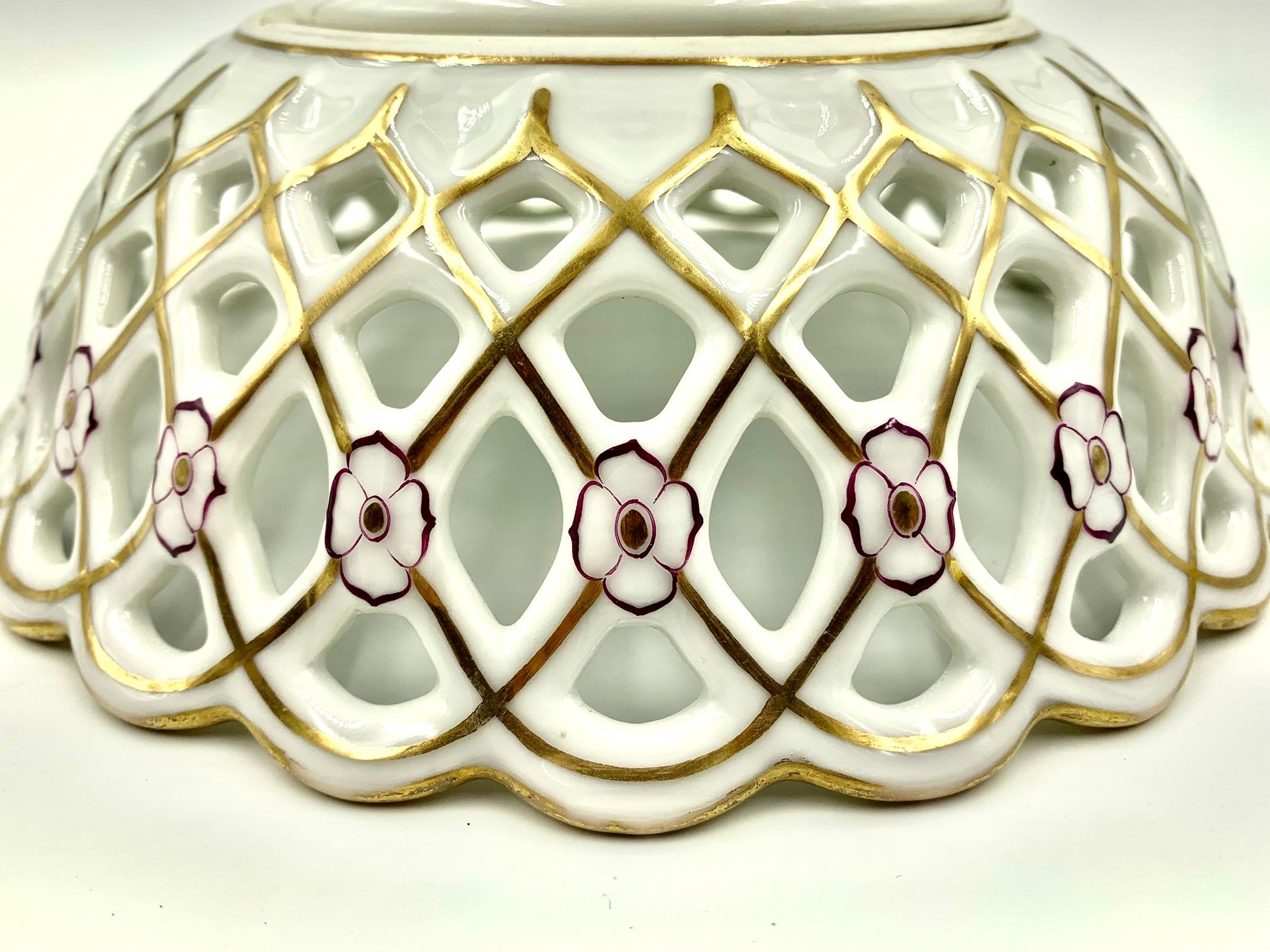 French 19th Century Paris Porcelain Reticulated Gold, Pink Neoclassical Centerpiece For Sale