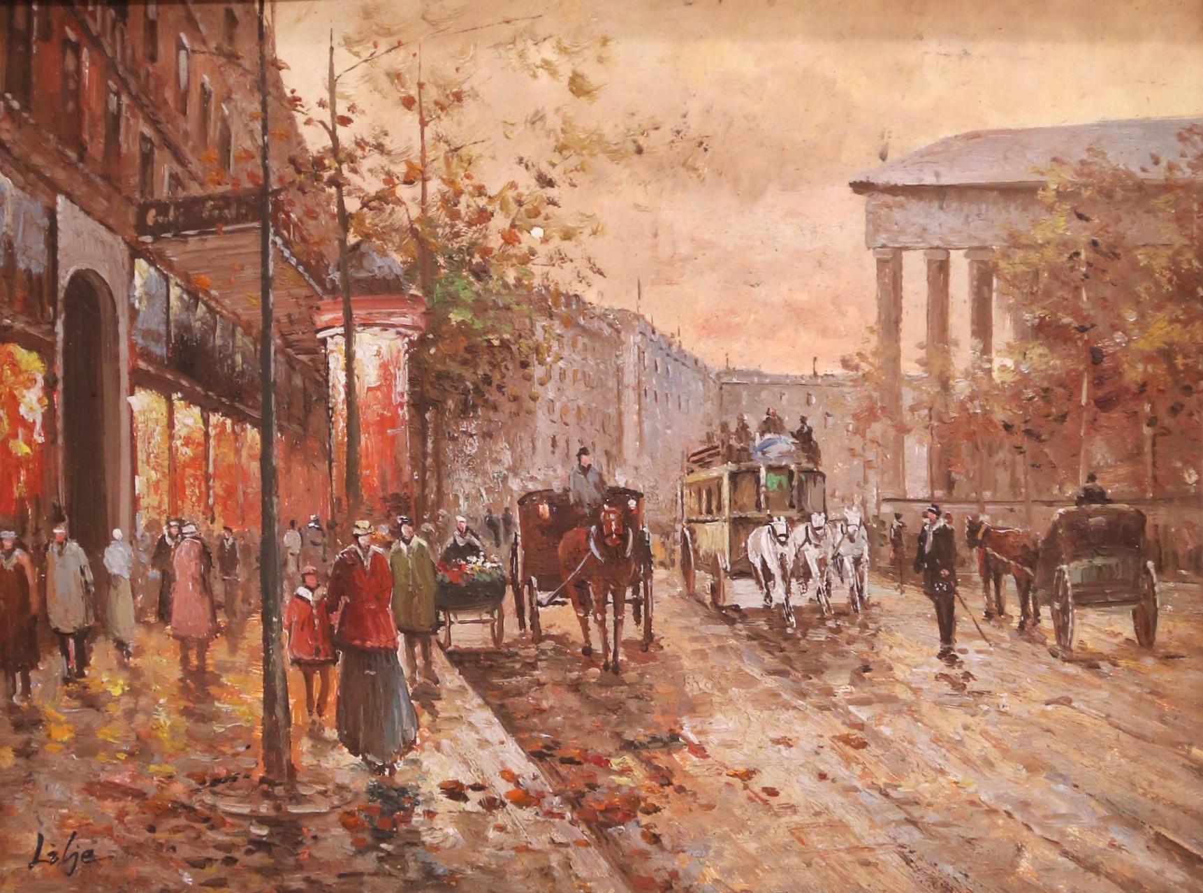Français Scène de rue à Paris, 19e siècle Huile sur panneau dans un cadre en bois doré Signée L. Leje en vente