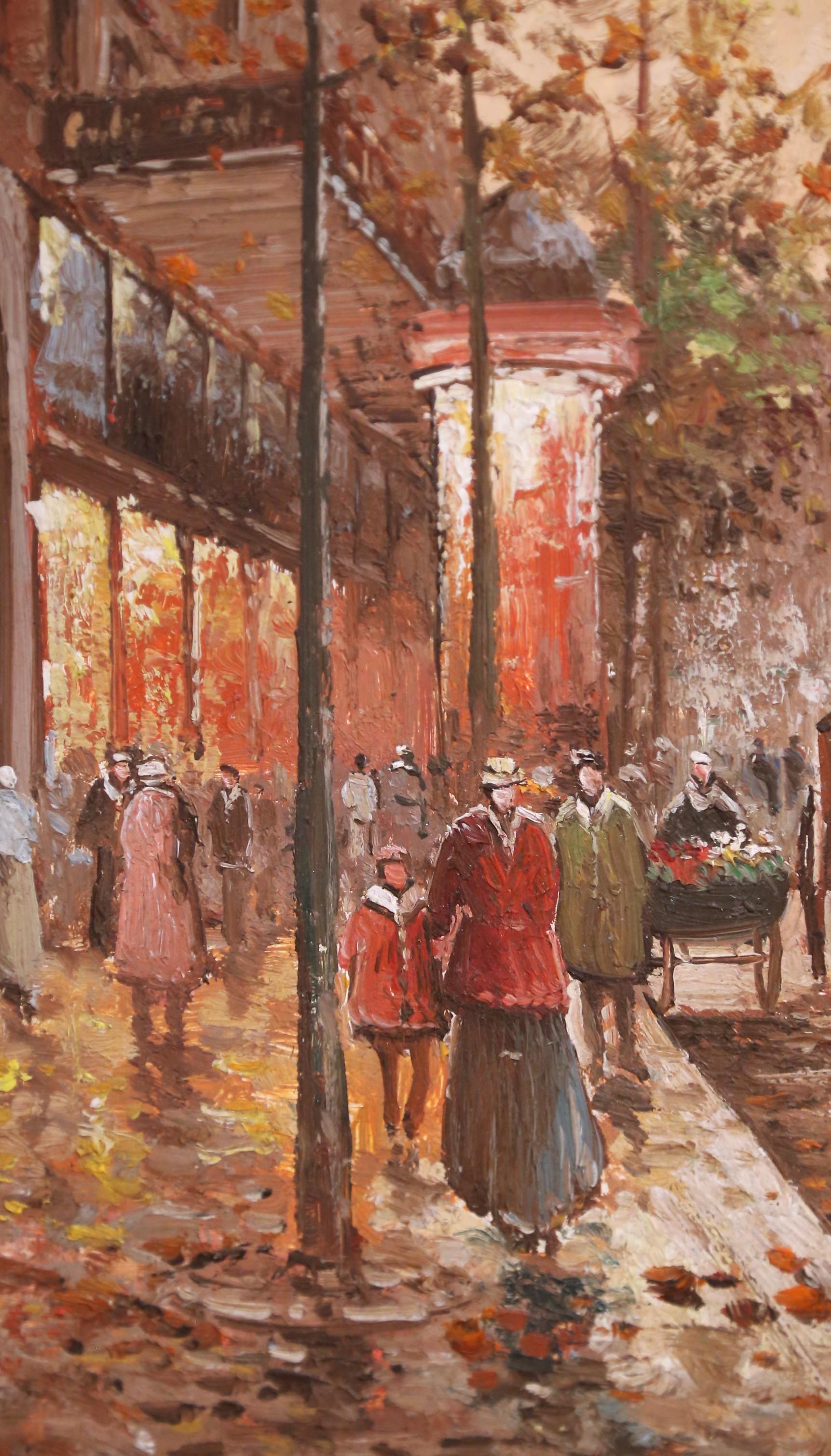 Doré Scène de rue à Paris, 19e siècle Huile sur panneau dans un cadre en bois doré Signée L. Leje en vente