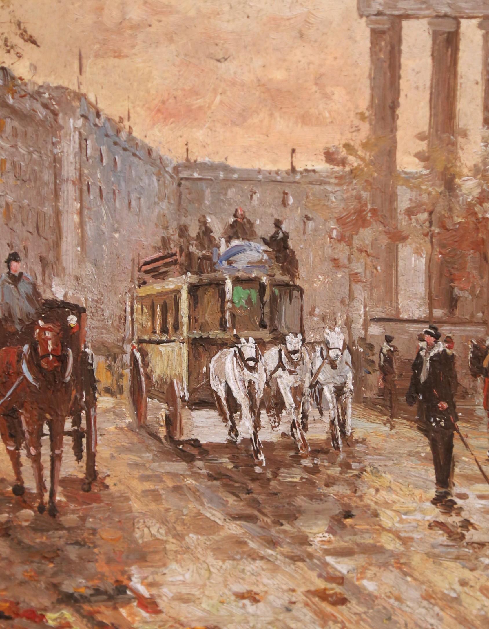 XIXe siècle Scène de rue à Paris, 19e siècle Huile sur panneau dans un cadre en bois doré Signée L. Leje en vente