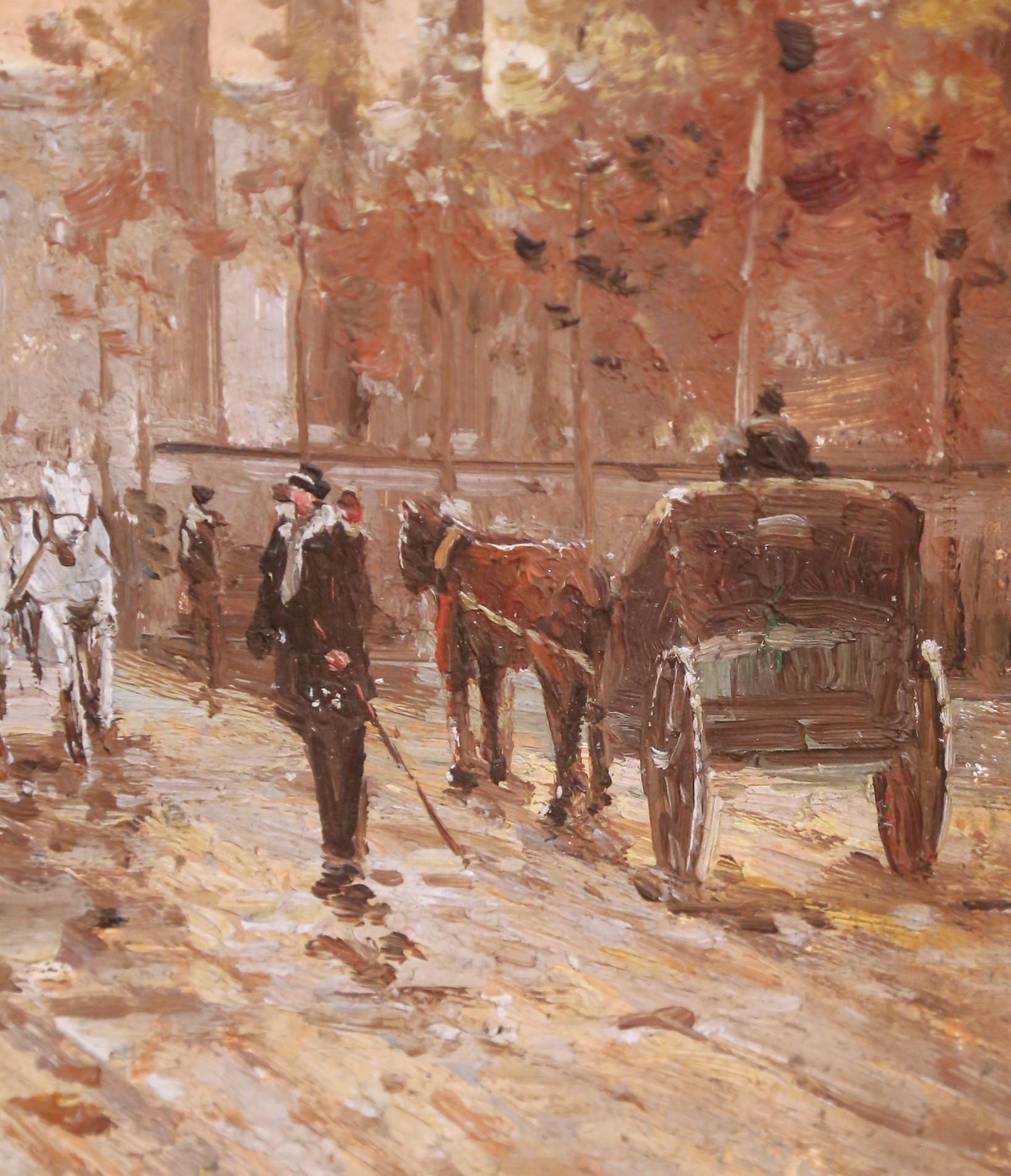 Bois doré Scène de rue à Paris, 19e siècle Huile sur panneau dans un cadre en bois doré Signée L. Leje en vente