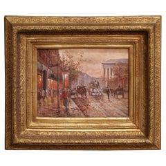 19th Century Paris Street Scene Oil on Panel in Giltwood Frame Signed L. Leje