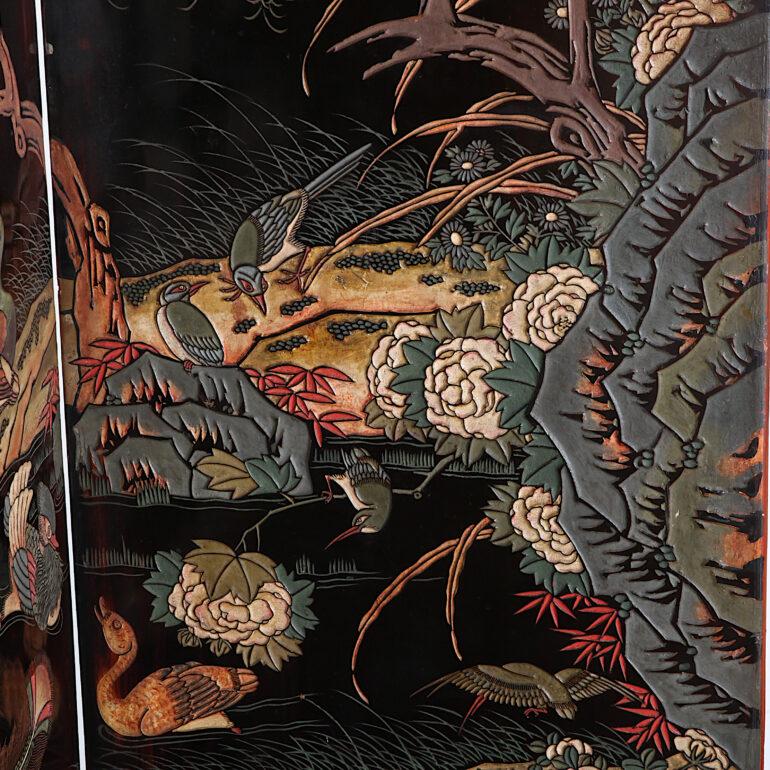 Laque japonaise Écran de Chinoiserie à 10 panneaux en laque de Coromandel du 19e siècle, Paris, vers 1860 en vente