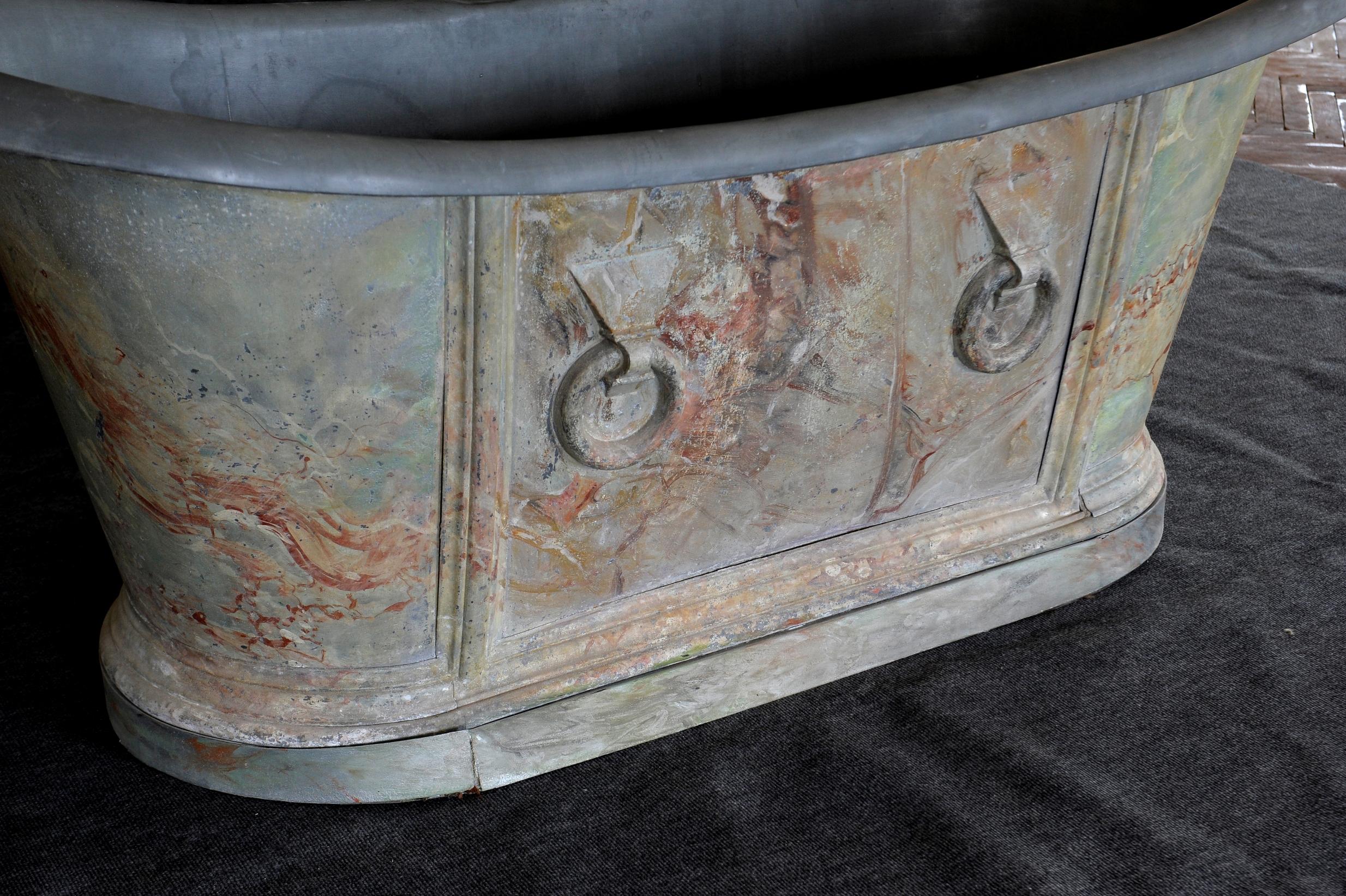 French 19th Century Parisian Faux Marble Painted Zinc Bathtub For Sale