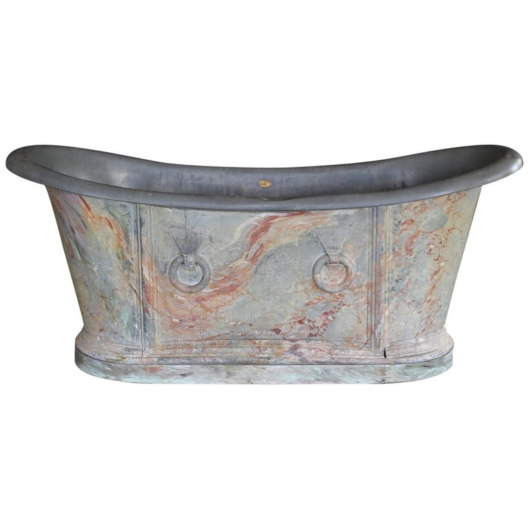 19th Century Parisian Faux Marble Painted Zinc Bathtub For Sale at