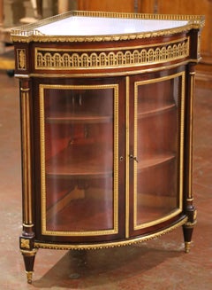 19th Century Parisian Louis XVI Mahogany & Ormolu Corner Vitrine with Marble Top