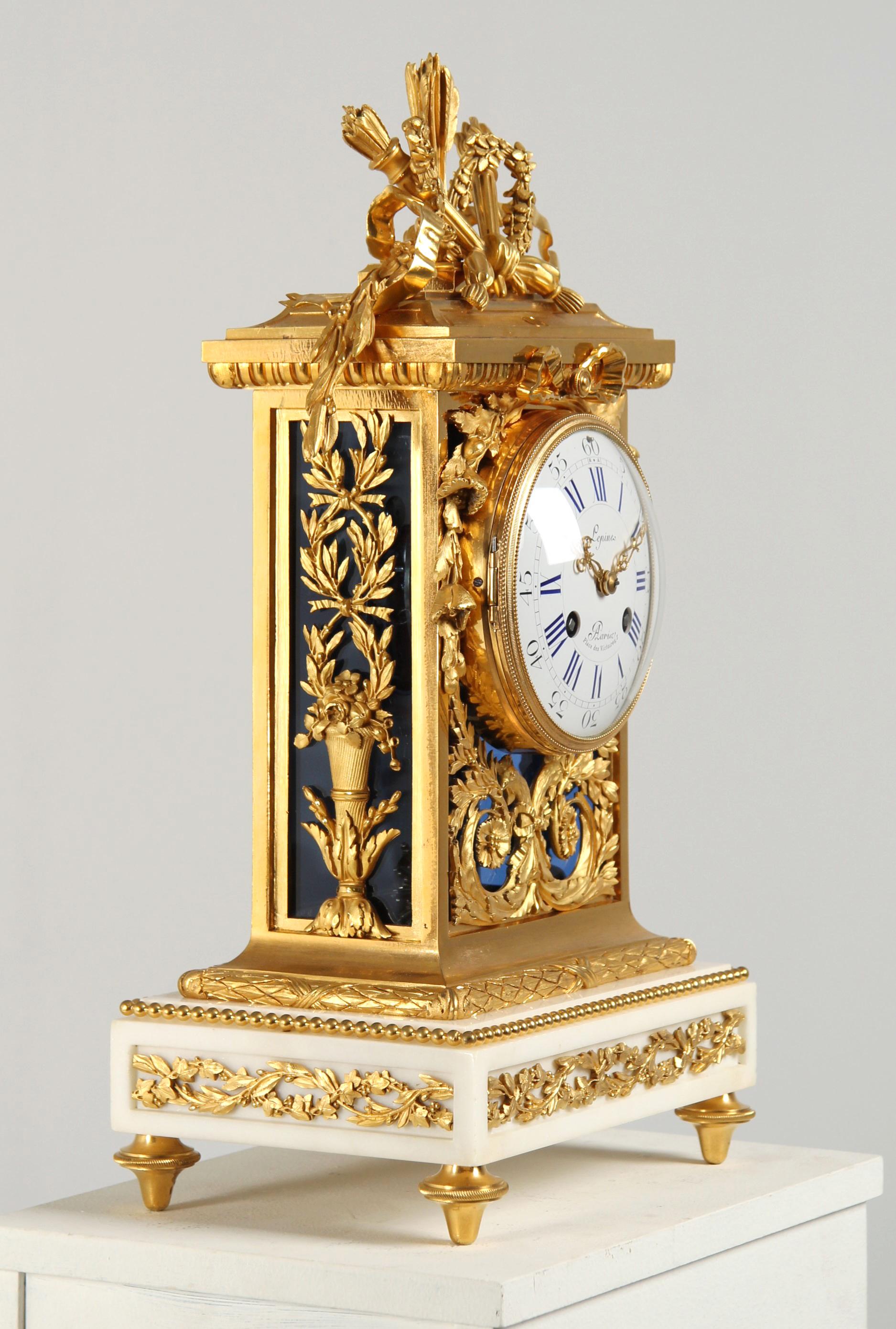 Mantel Clock in Louis XVI style

Paris
Ormolu, glass, marble
around 1870

Dimensions: H x W x D: 46 x 24 x 17 cm

Description:
Extremely high quality and finely crafted Parisian pendule in the Louis XVI style from the second half of the 19th