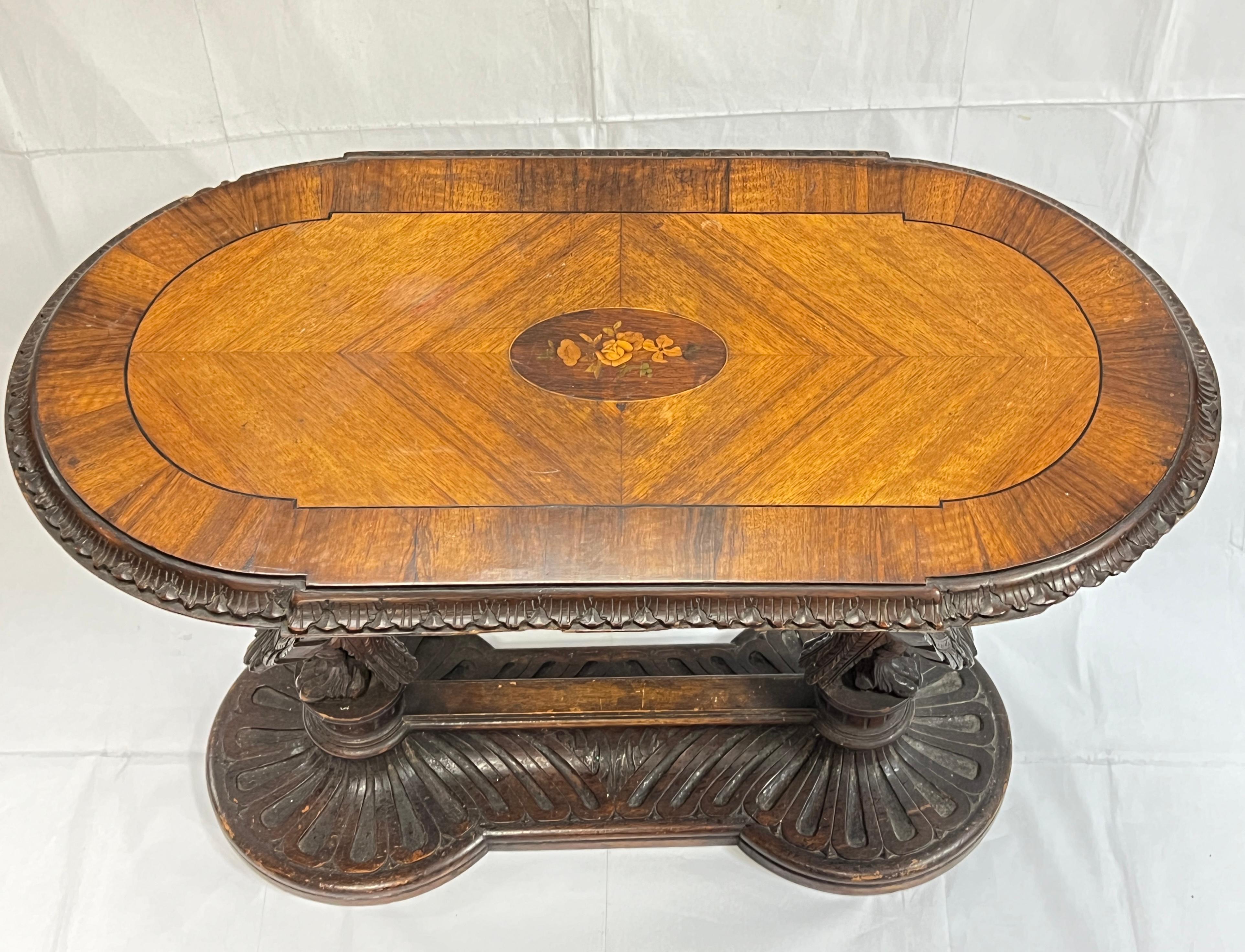 Fruitwood 19th Century Parquetry and Marquetry Inlaid Oval Side Table with Swans