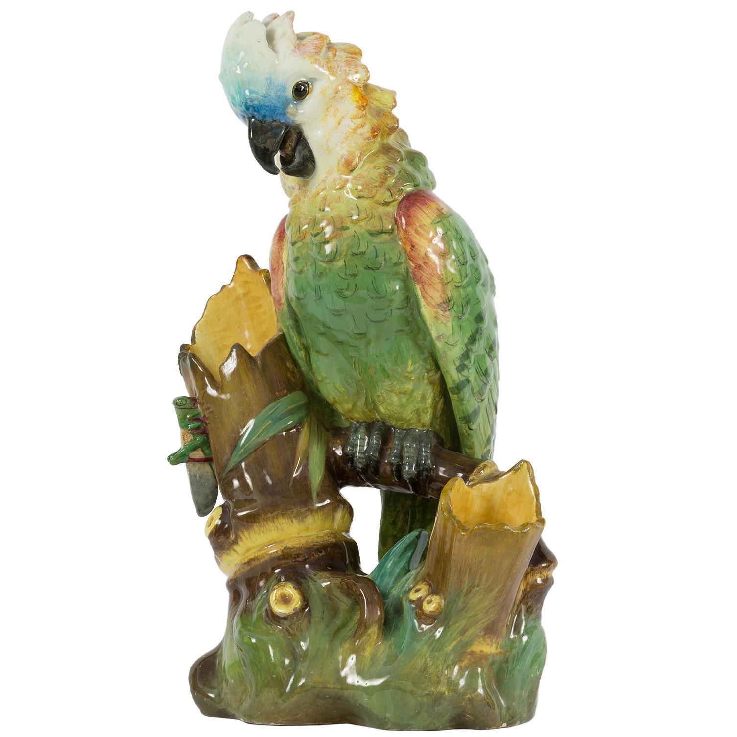 19th Century Parrot Majolica Vase, Delphin Massier For Sale