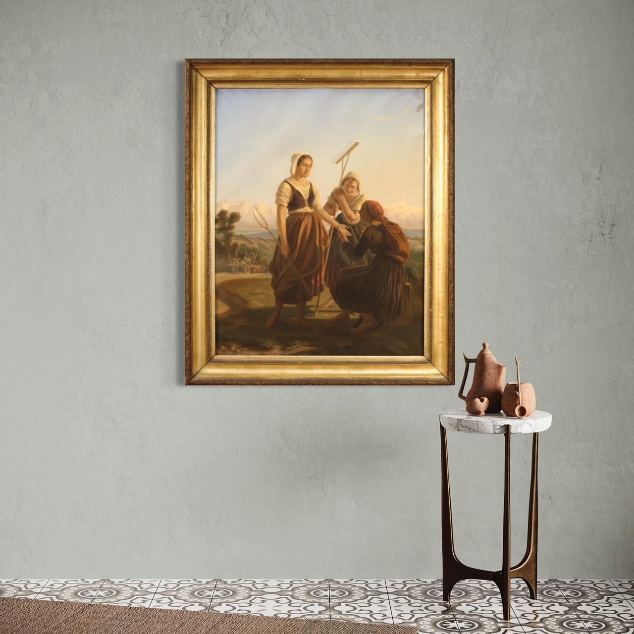 Pastel français ancien de la fin du 19e siècle. Cadre sur papier fixé sur toile et châssis représentant une scène de goût populaire La lecture de la main, paysage avec paysannes et gitane de bonne qualité picturale. Cadre de belle taille et décor