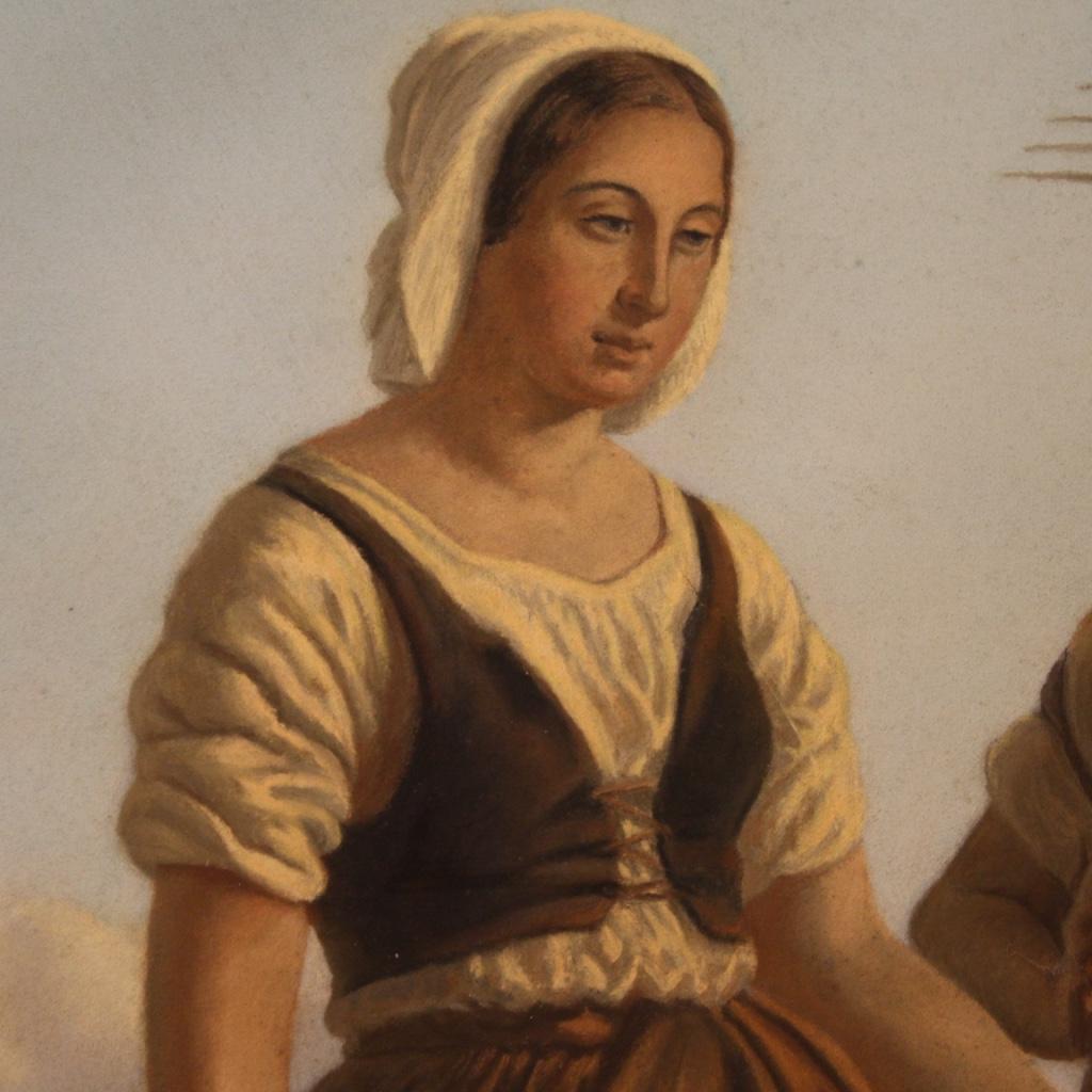 pastel sur papier du XIXe siècle Peinture de scène populaire française, 1880 3