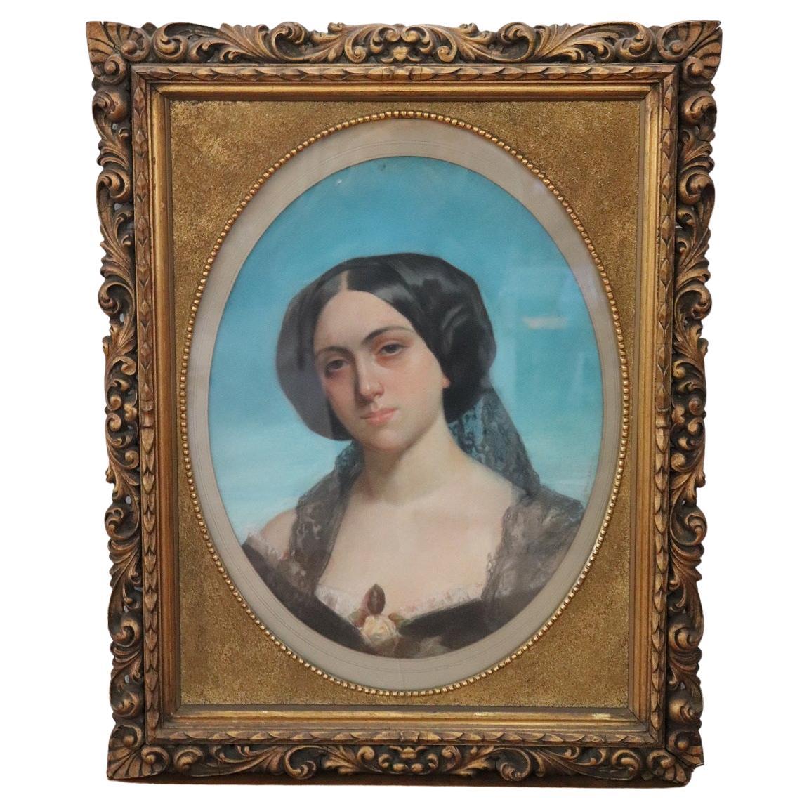 19th Century Pastels on Paper Portrait of Young Woman, Signed