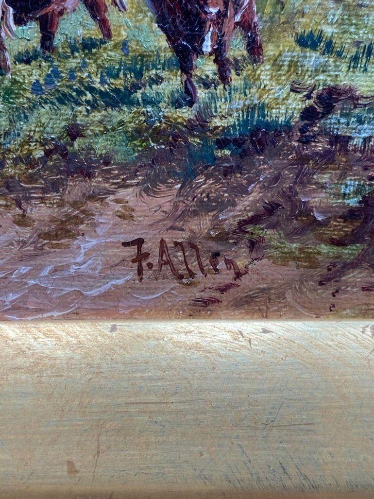 Un sereno paisaje pastoral del siglo XIX, óleo sobre lienzo firmado por F. Allen, que representa una tranquila escena campestre. En la composición aparecen vacas bebiendo de un tranquilo río junto a una granja rústica, todo ello bajo un amplio cielo