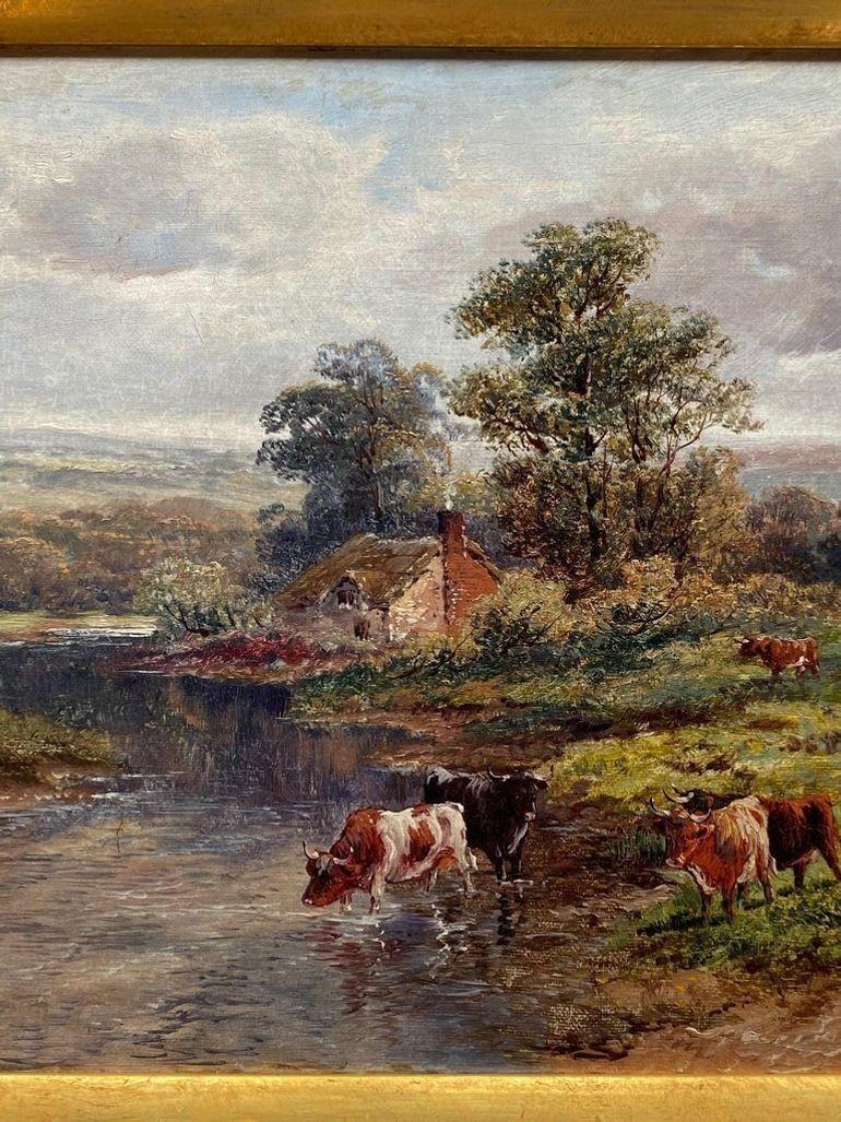 Pintura al óleo del siglo XIX Paisaje pastoral de F. Allen Lienzo en venta