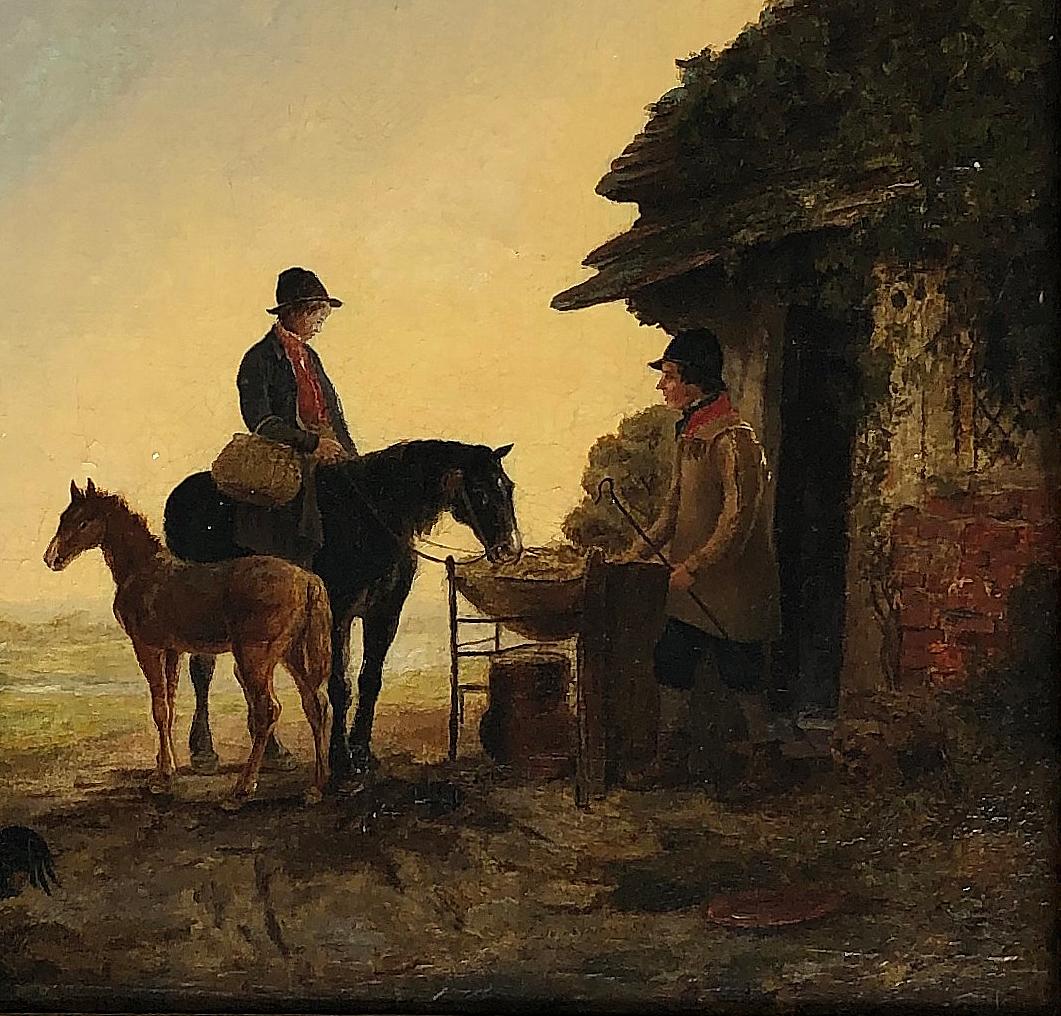 European 19th Century Pastoral Landscape Oil Painting, Horses and Cows
