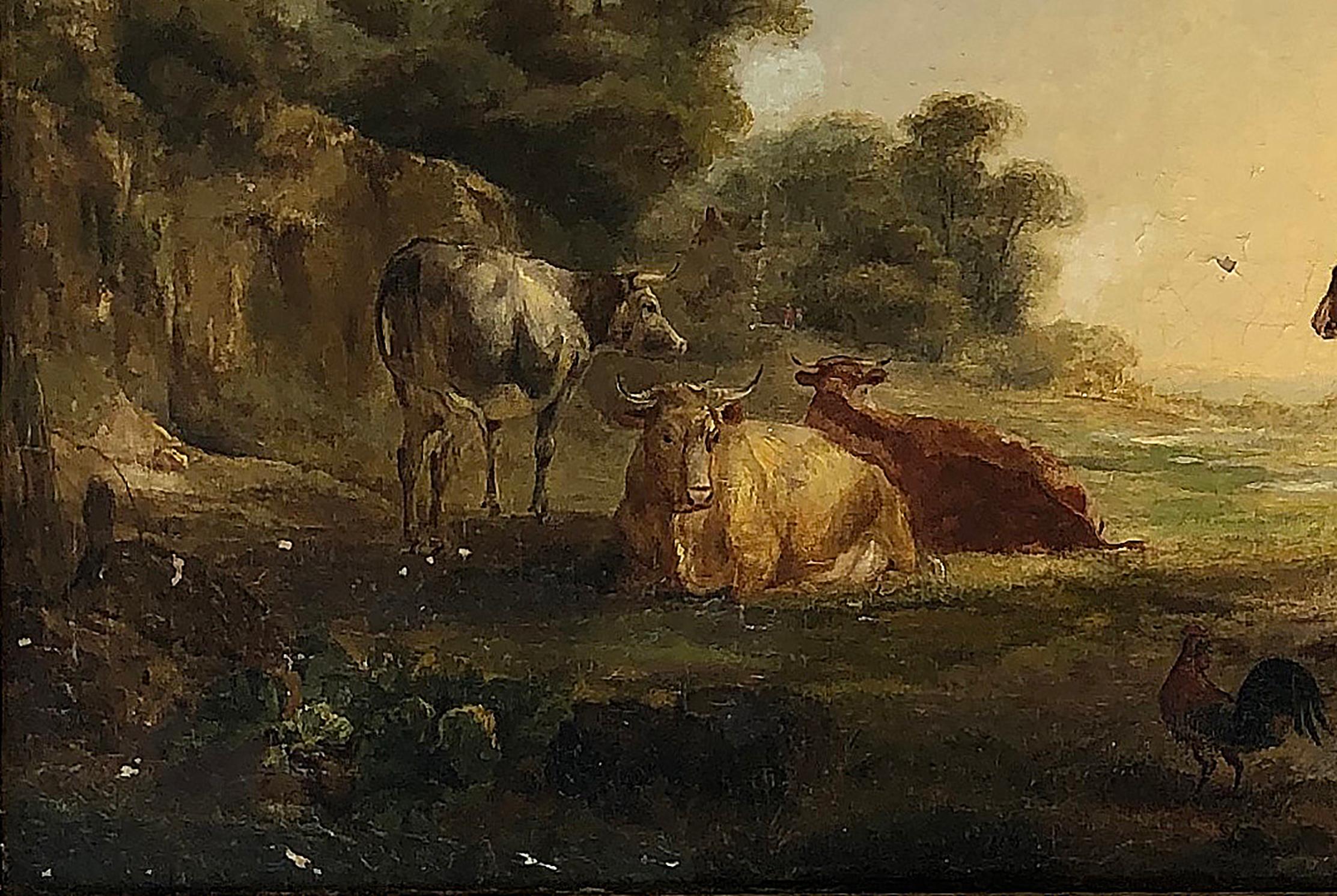 19th Century Pastoral Landscape Oil Painting, Horses and Cows In Fair Condition In Miami, FL
