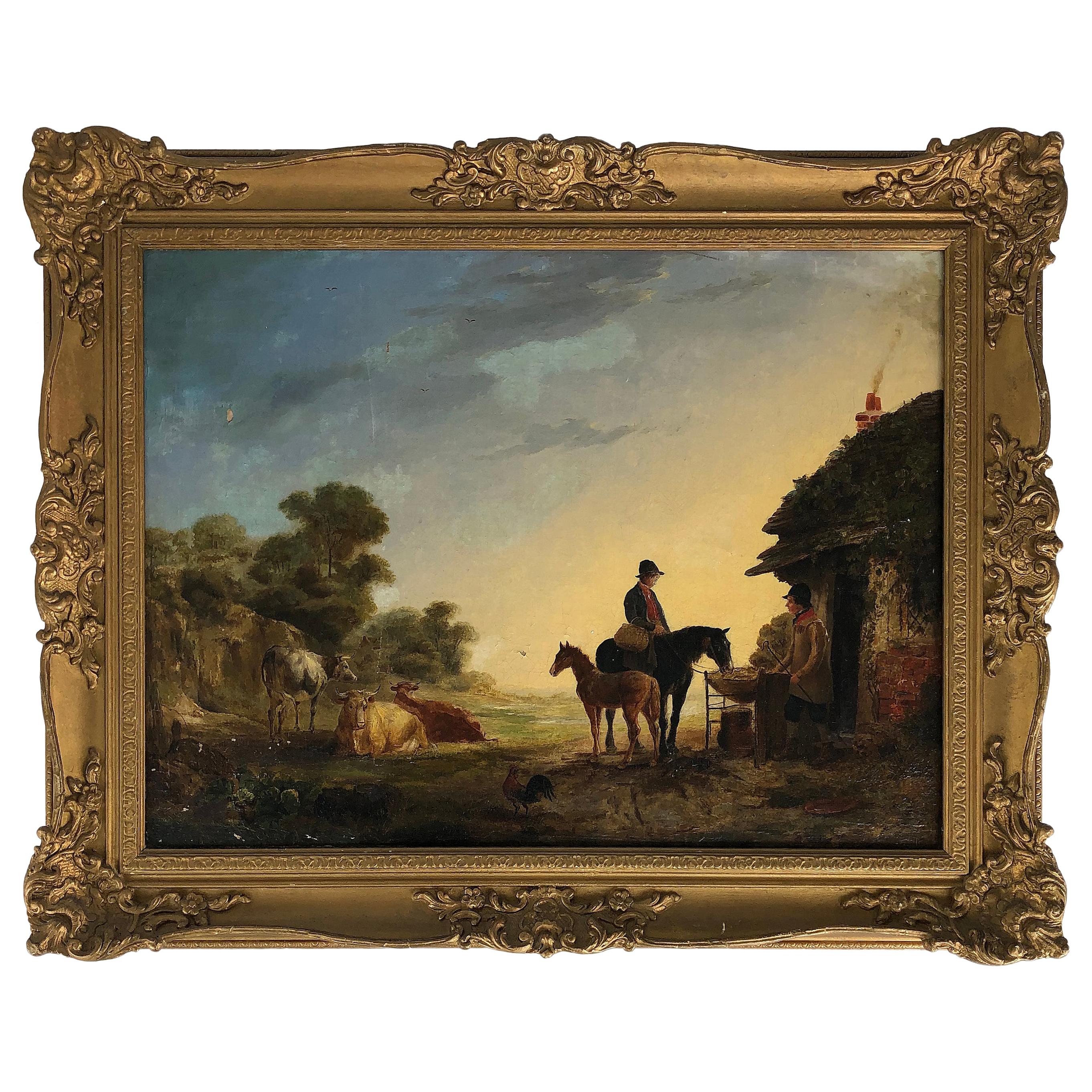 19th Century Pastoral Landscape Oil Painting, Horses and Cows