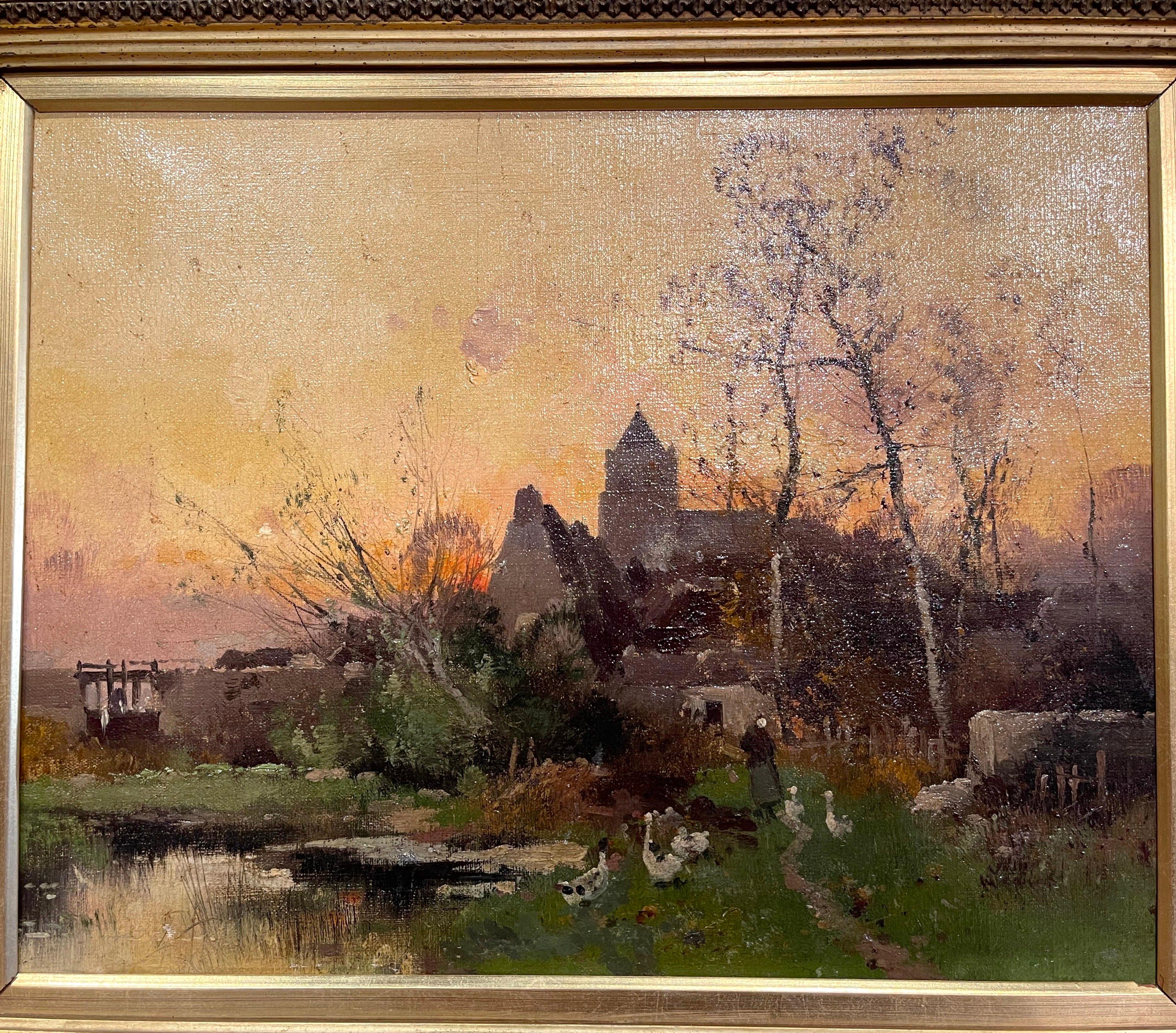 French 19th Century Pastoral Oil Painting in Carved Gilt Frame Signed E. Galien-Laloue For Sale