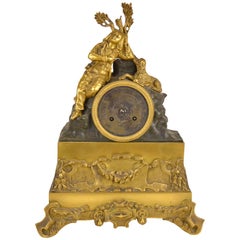 19th Century Patinated and Gilt Bronze Romantic Mantel Clock Sleeping Hunter