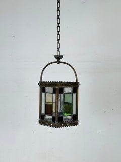 19th Century Patinated Brass and Stained Glass Victorian Hall Lantern