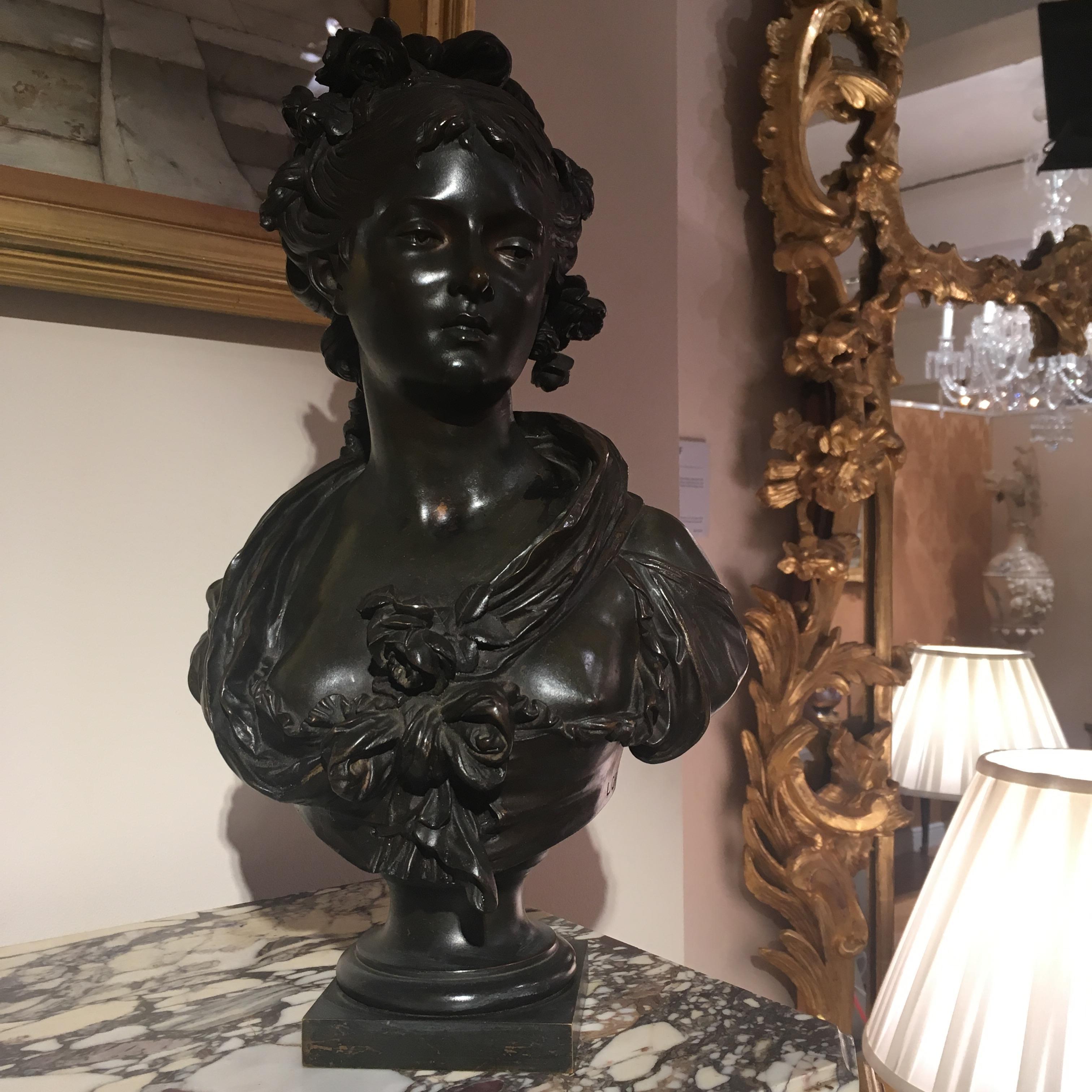 Renaissance 19th Century Patinated Bronze Bust of a Maiden by Jean-Louis Grégoire