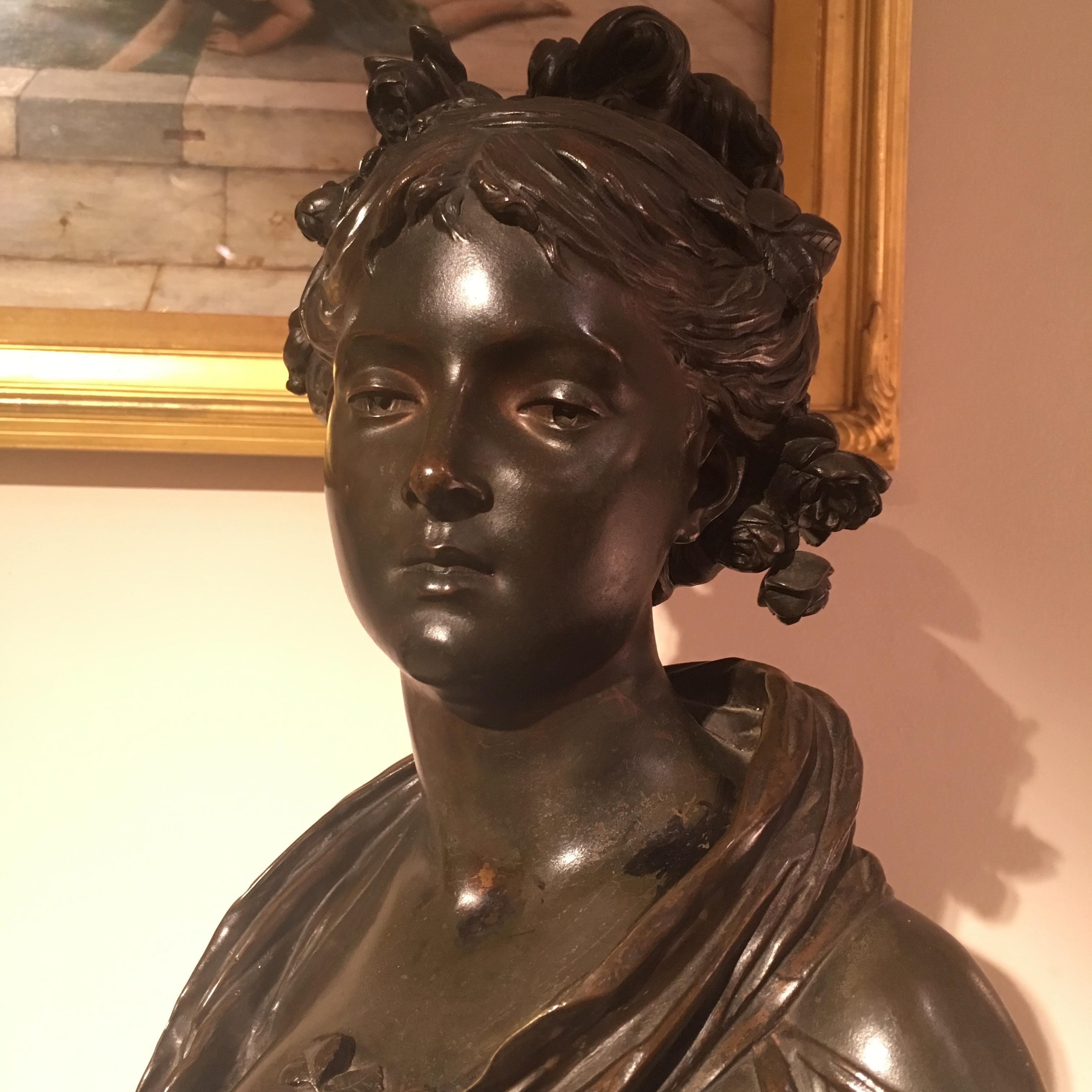 French 19th Century Patinated Bronze Bust of a Maiden by Jean-Louis Grégoire