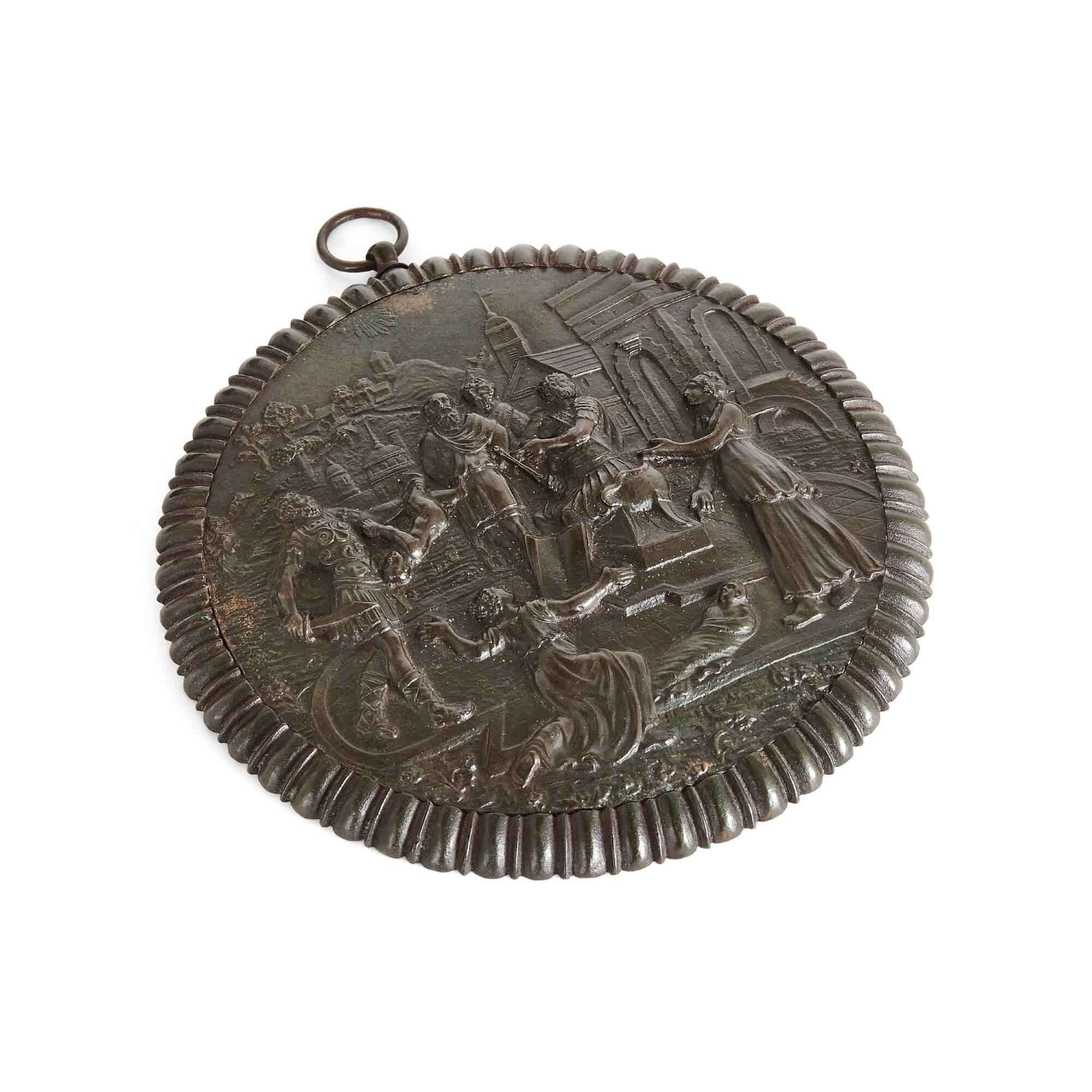 19th Century patinated bronze plaque of the Judgement of Solomon
French, 19th Century
Diameter 16cm, depth 1.5cm

The circular front of this lustrous patinated bronze plaque is decorated with a relief of the Judgement of Solomon. The scene is
