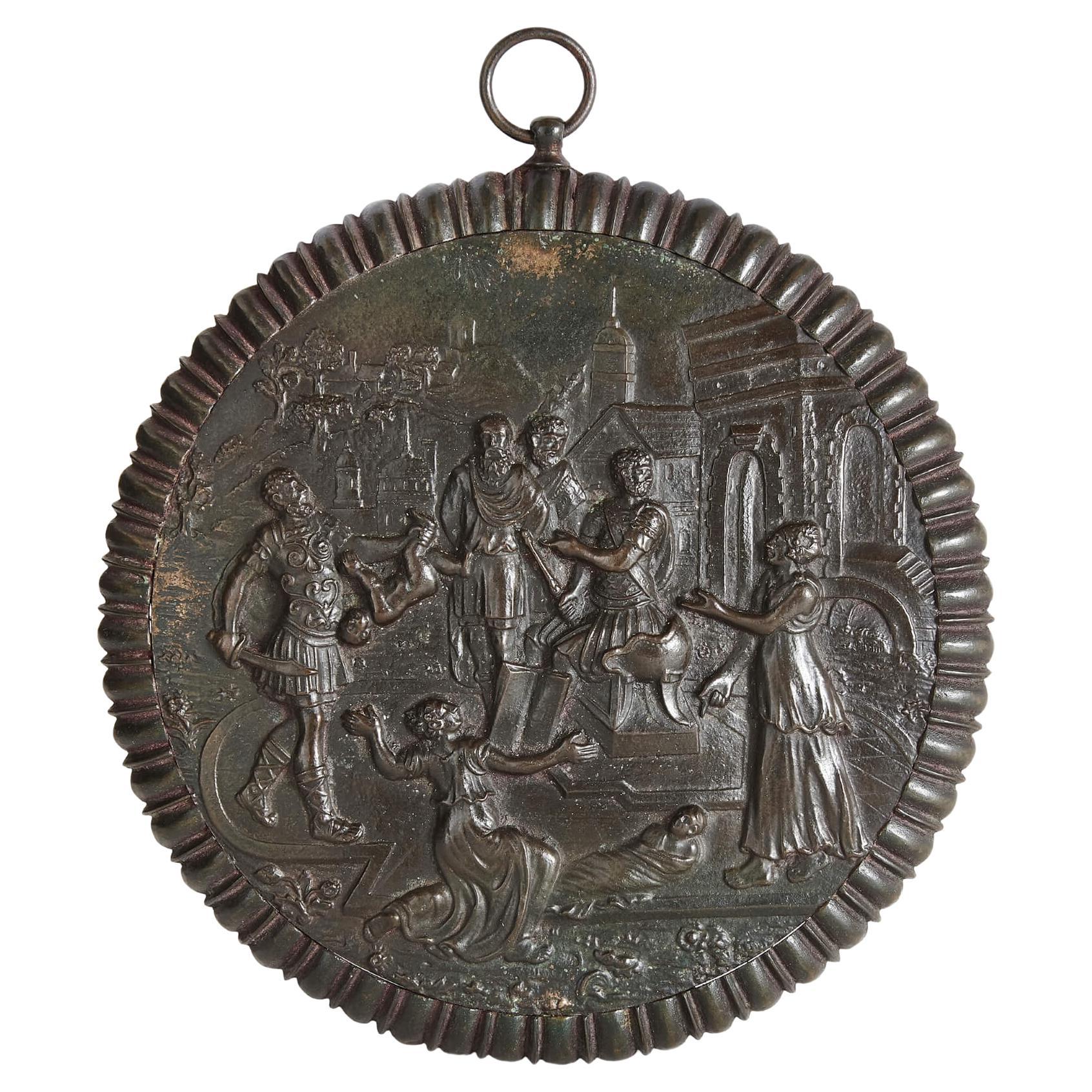 Patinierte Bronzetafel aus dem 19. Jahrhundert mit der Darstellung des Jüngsten Gerichts Salomos