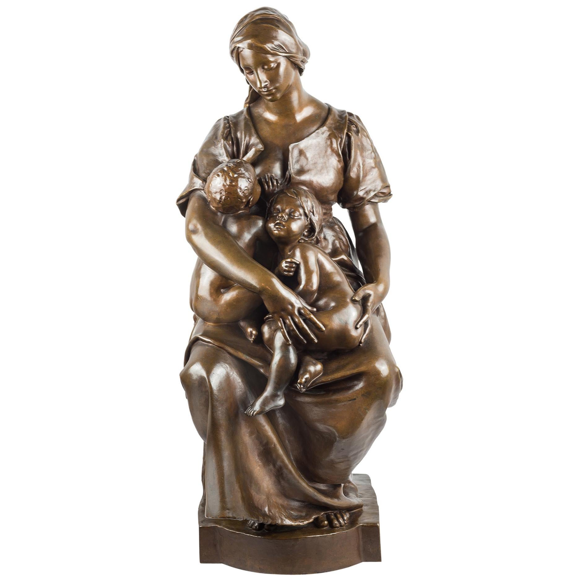 19th Century Patinated Bronze Sculpture of a Breastfeeding Mother by Paul Dubois