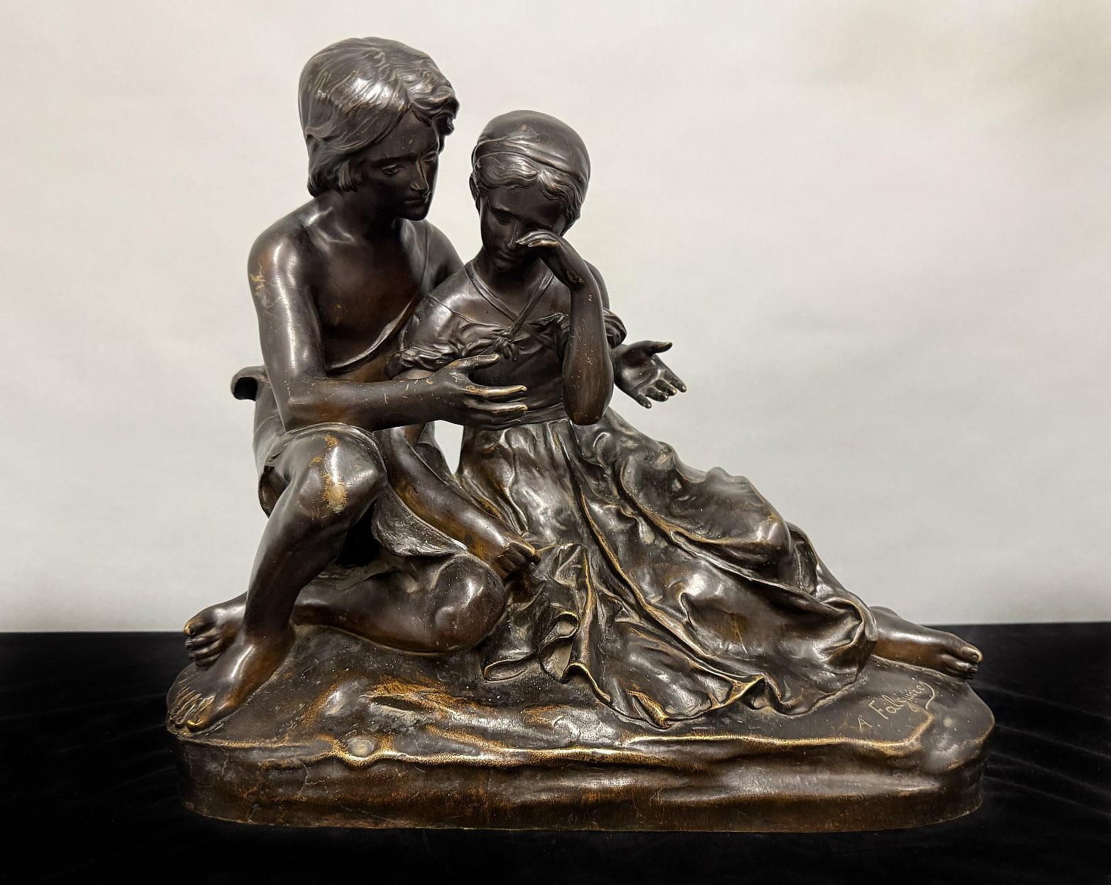 A Nice Late 19th Century Patinated Bronze Sculpture of a Loving Couple by Alexandre Falguiere

Signed A. Falguière

The double figure bronze depicting a man comforting his beautiful lover.

Jean-Alexandre-Joseph Falguière (French, 1831-1900), was