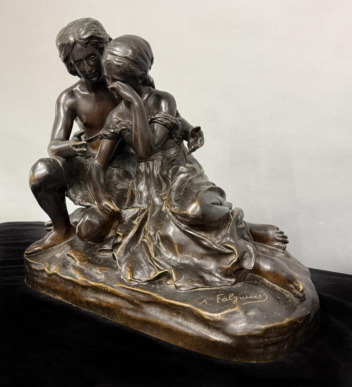 19th Century Patinated Bronze Sculpture of a Loving Couple - Alexandre Falguiere Belle Époque en venta