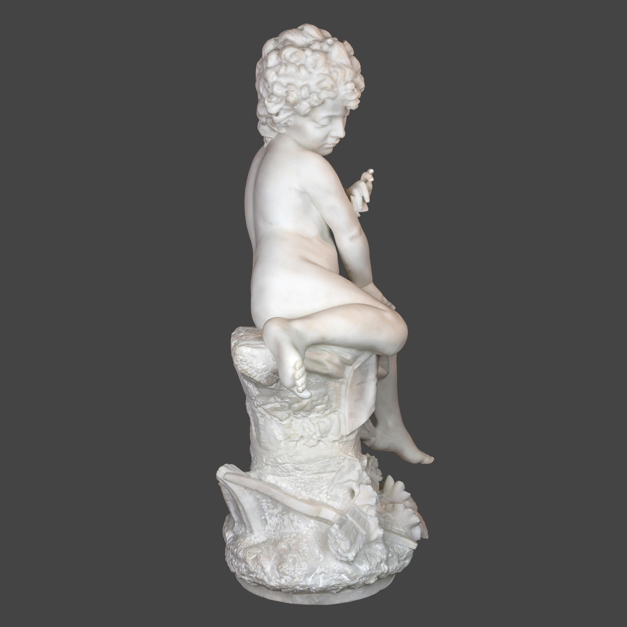 A fine quality alabaster sculpture of cupid with a butterfly. 
Nude figure of cupid with a butterfly, sitting on a rock, his bow and arrow on the ground with the flowers. 

Artist: After William Adolphe Bouguereau (1825–1905)
Origin: