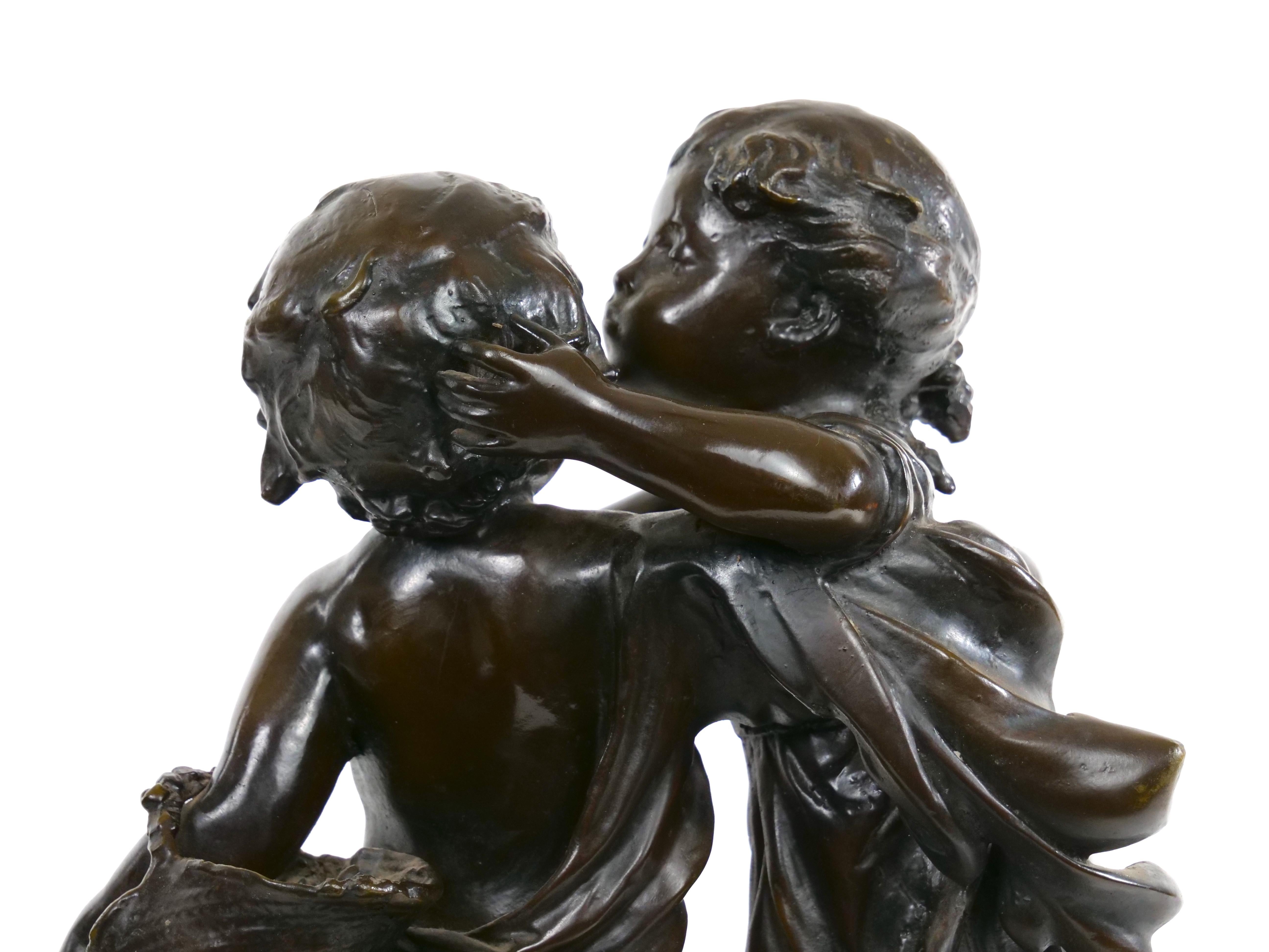 19th Century Patinated Bronze Sculpture of Girl and Boy For Sale 7