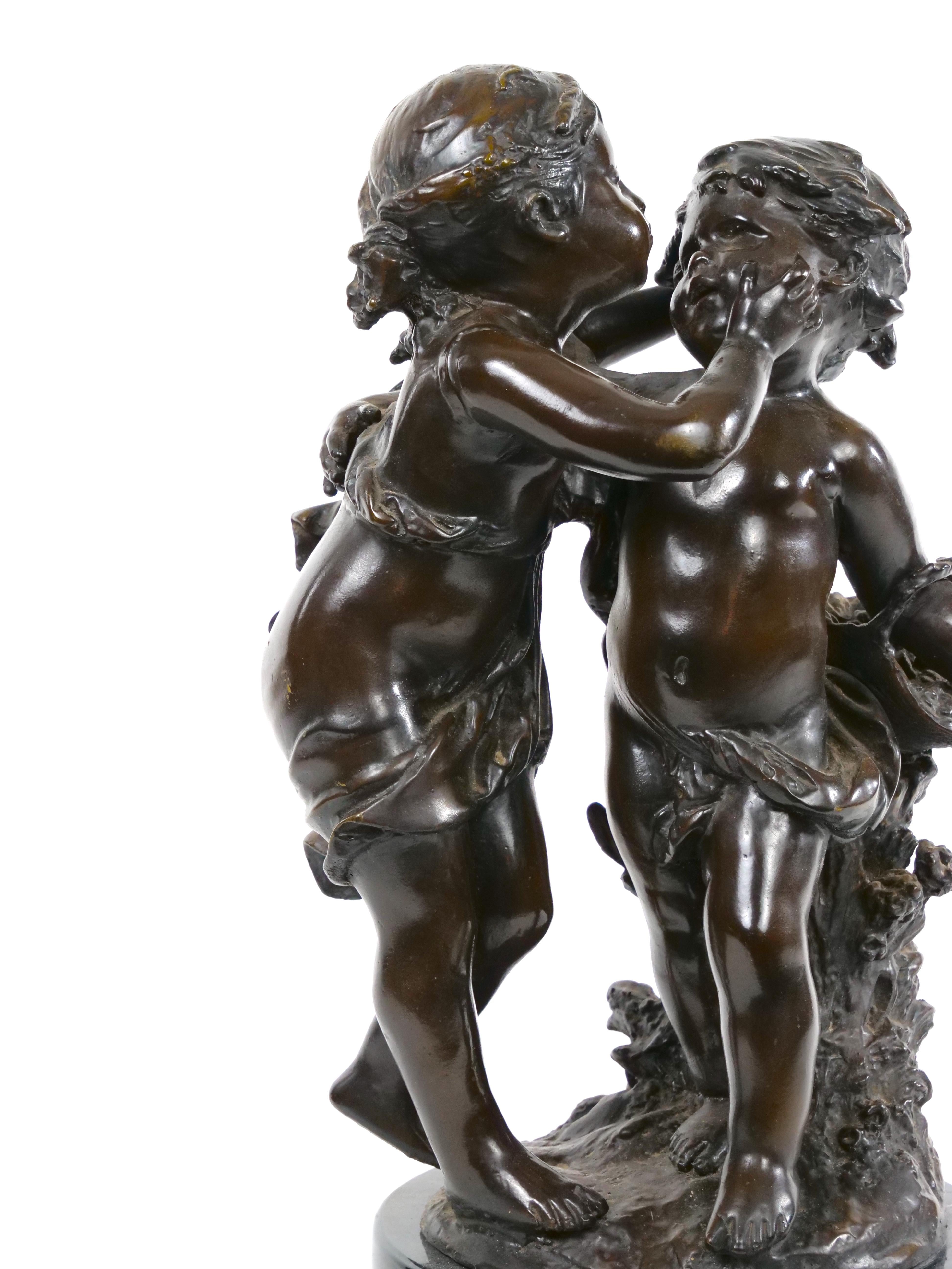 19th Century Patinated Bronze Sculpture of Girl and Boy For Sale 11