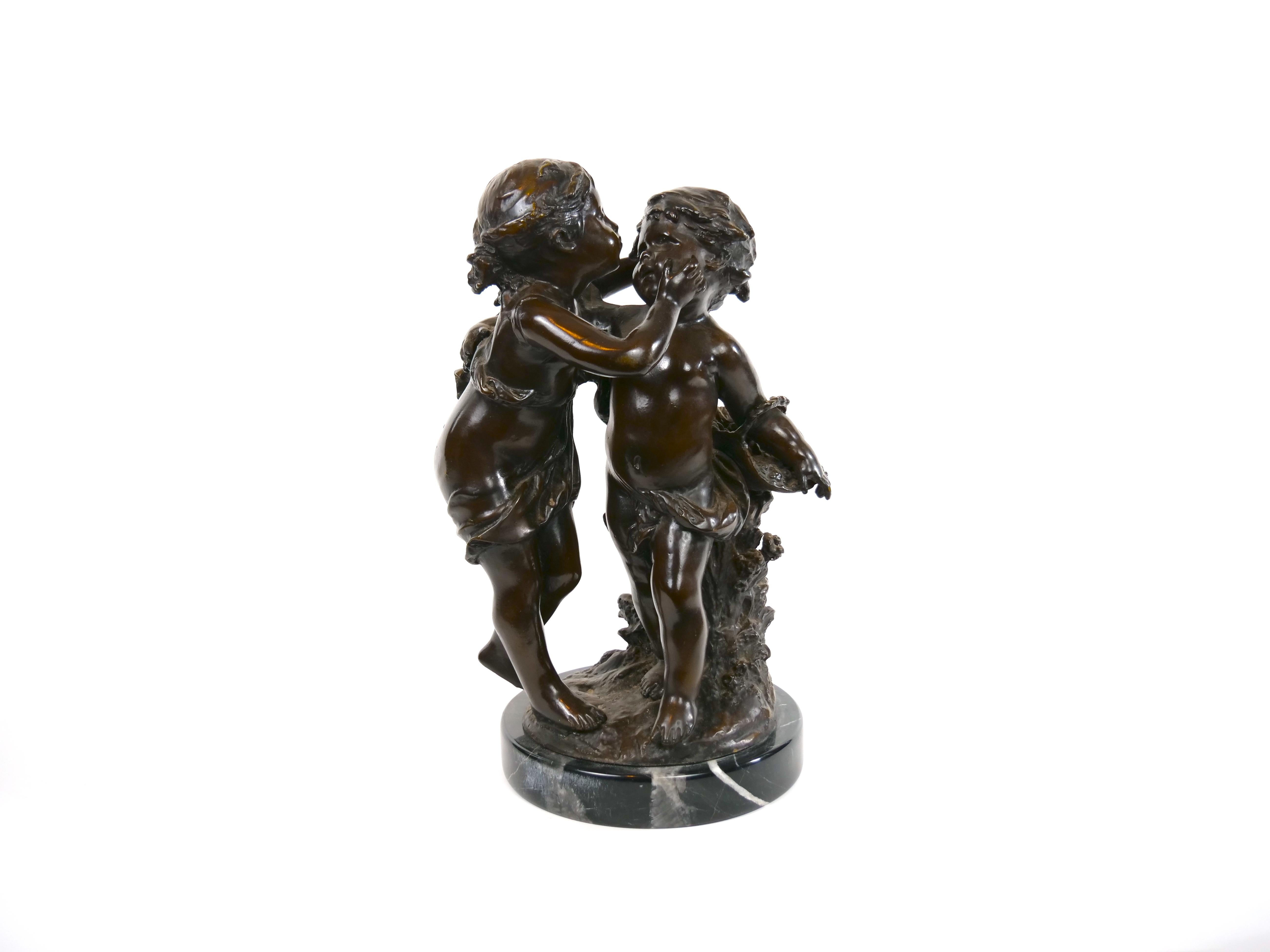 19th Century Patinated Bronze Sculpture of Girl and Boy For Sale 12