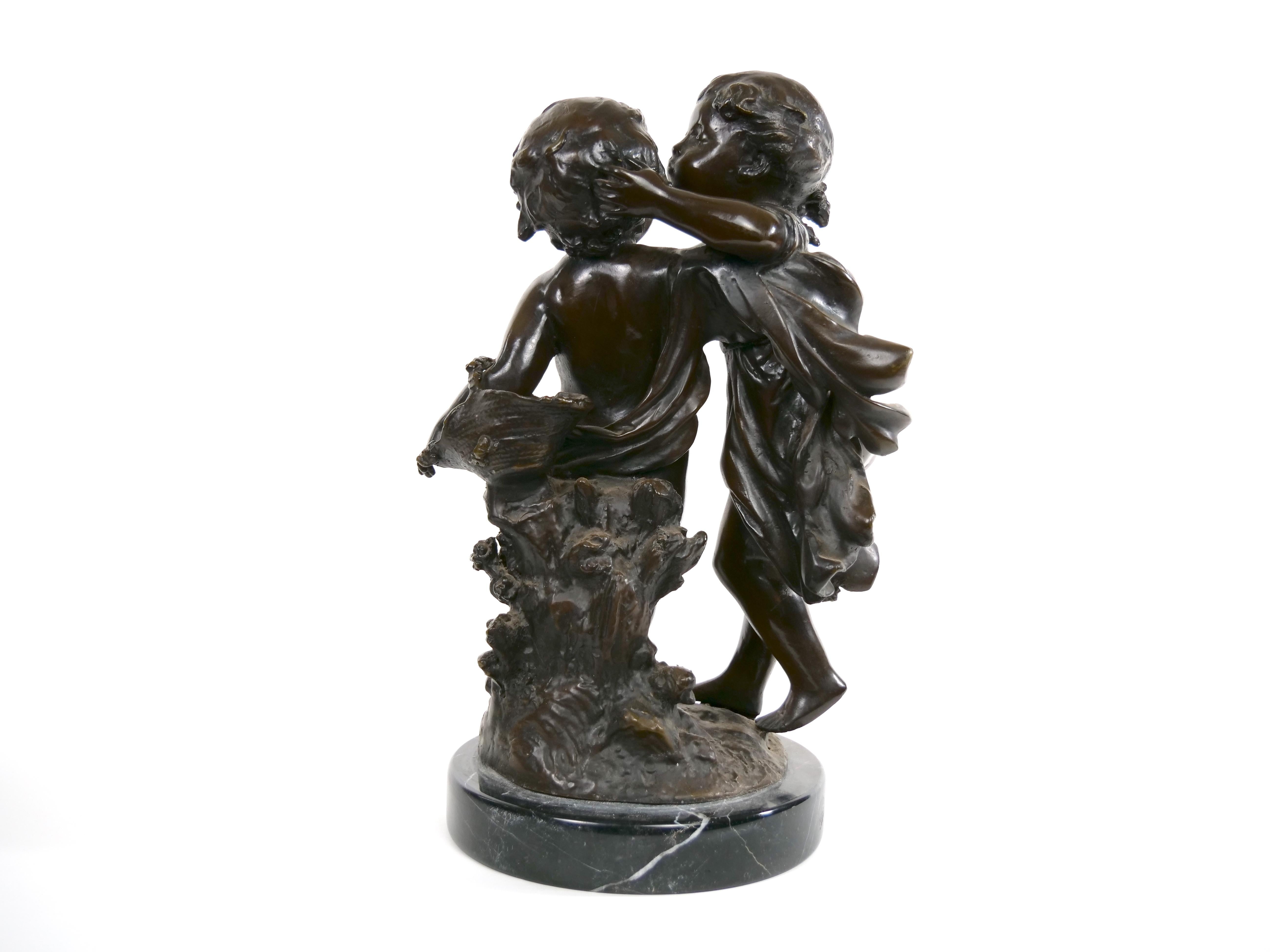Romantic 19th Century Patinated Bronze Sculpture of Girl and Boy For Sale