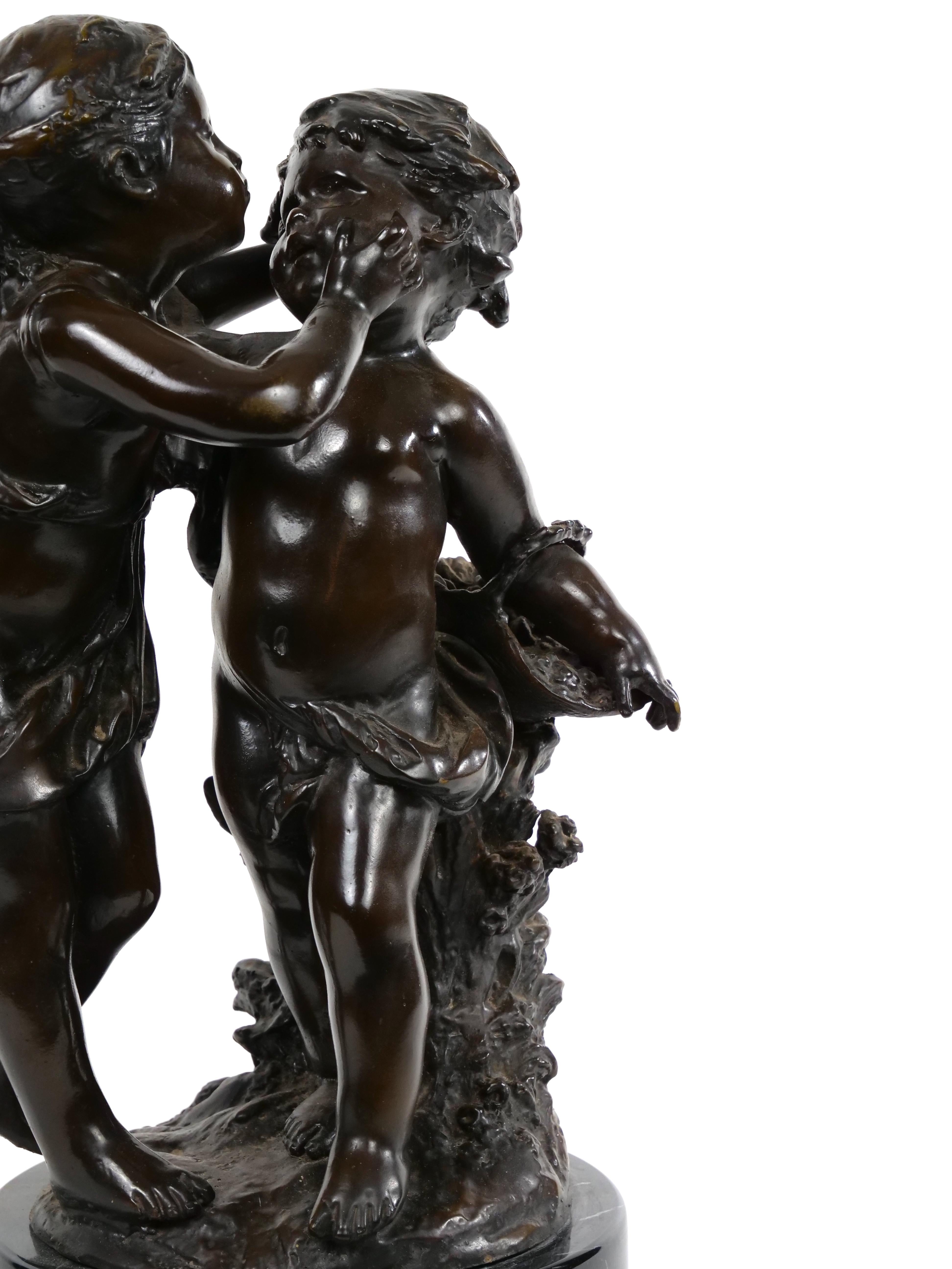 19th Century Patinated Bronze Sculpture of Girl and Boy For Sale 2