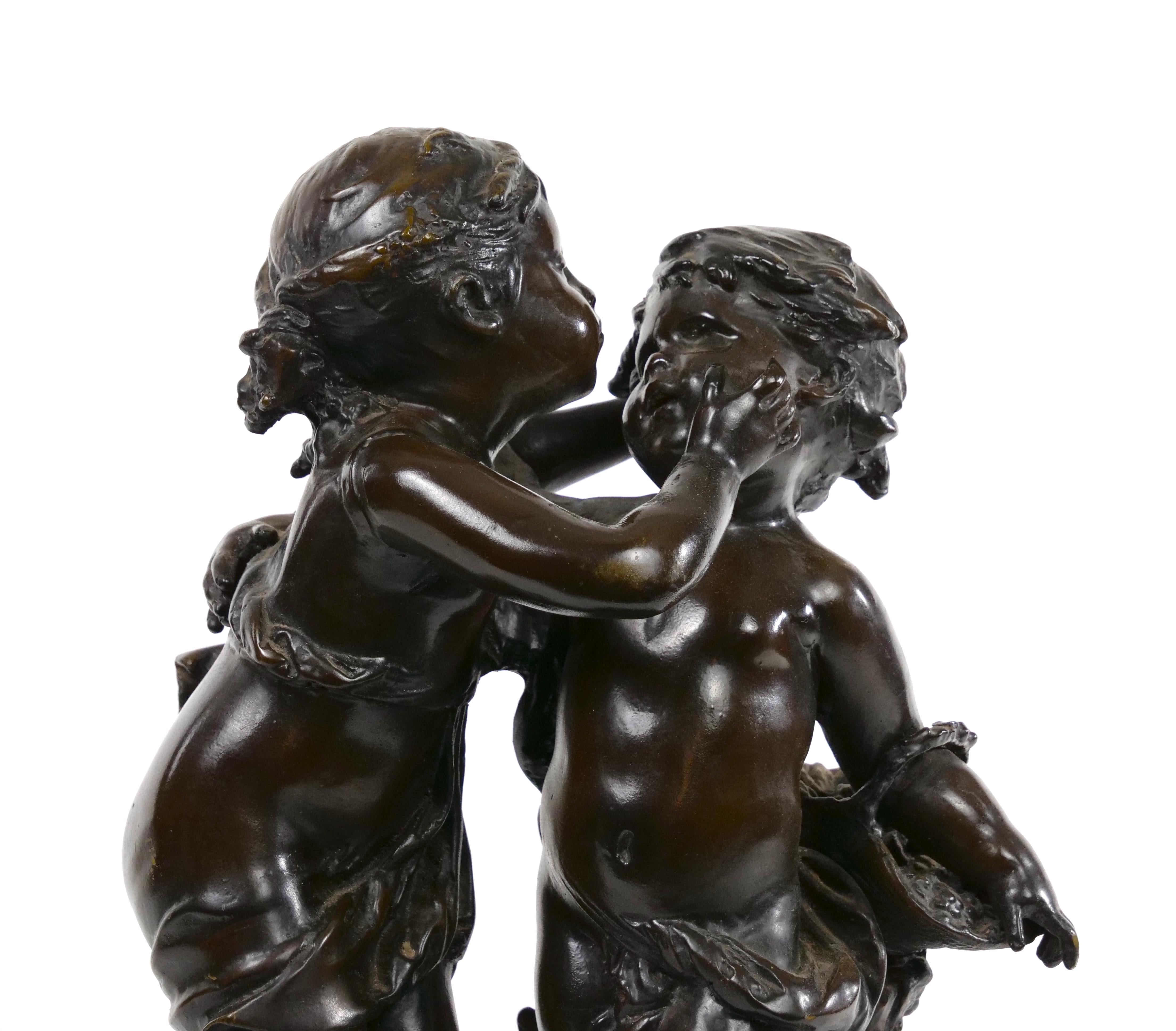 19th Century Patinated Bronze Sculpture of Girl and Boy For Sale 4