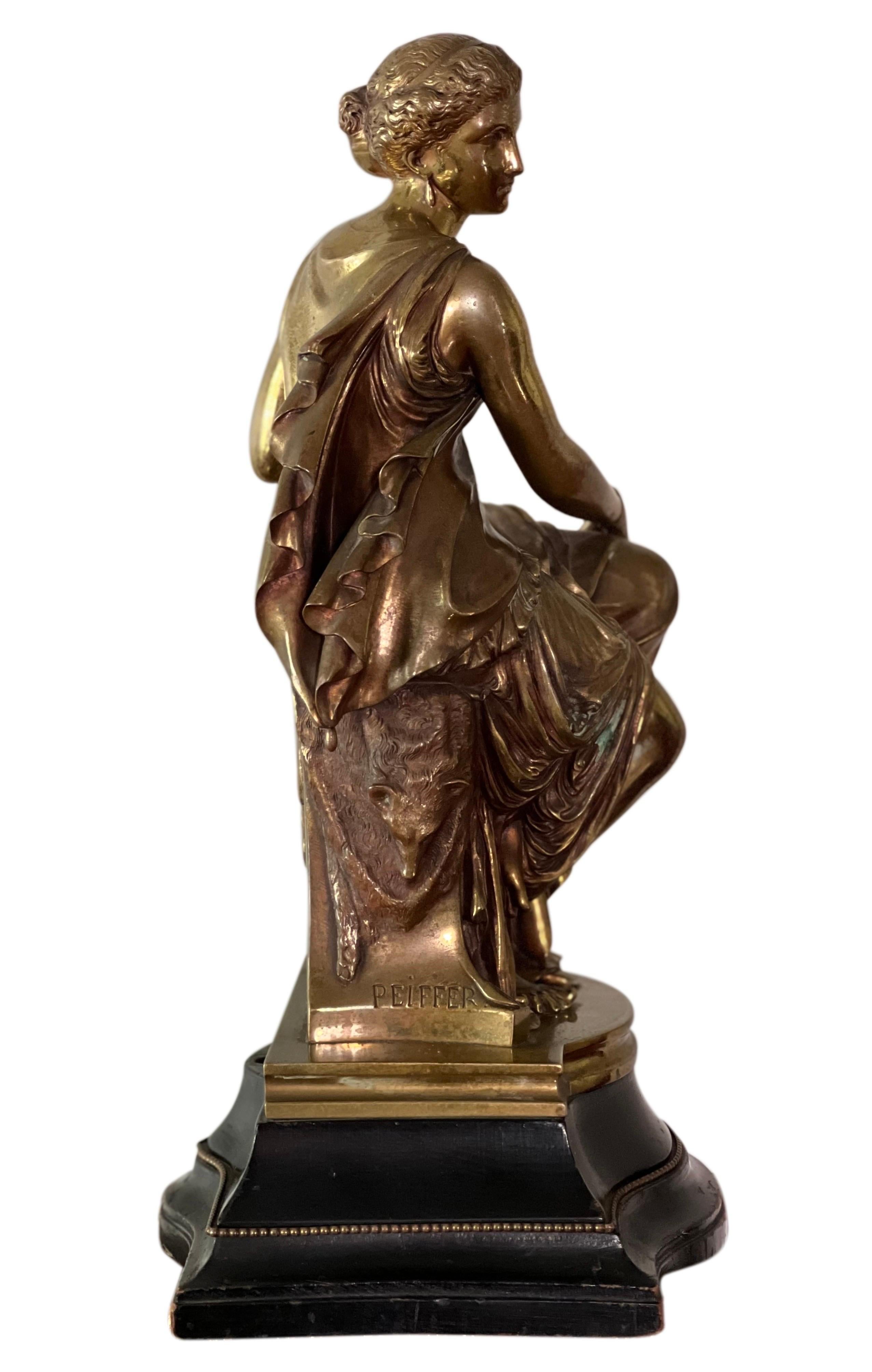 19th Century Patinated Bronze Sculpture of Maiden by Auguste Joseph Peiffer For Sale 1