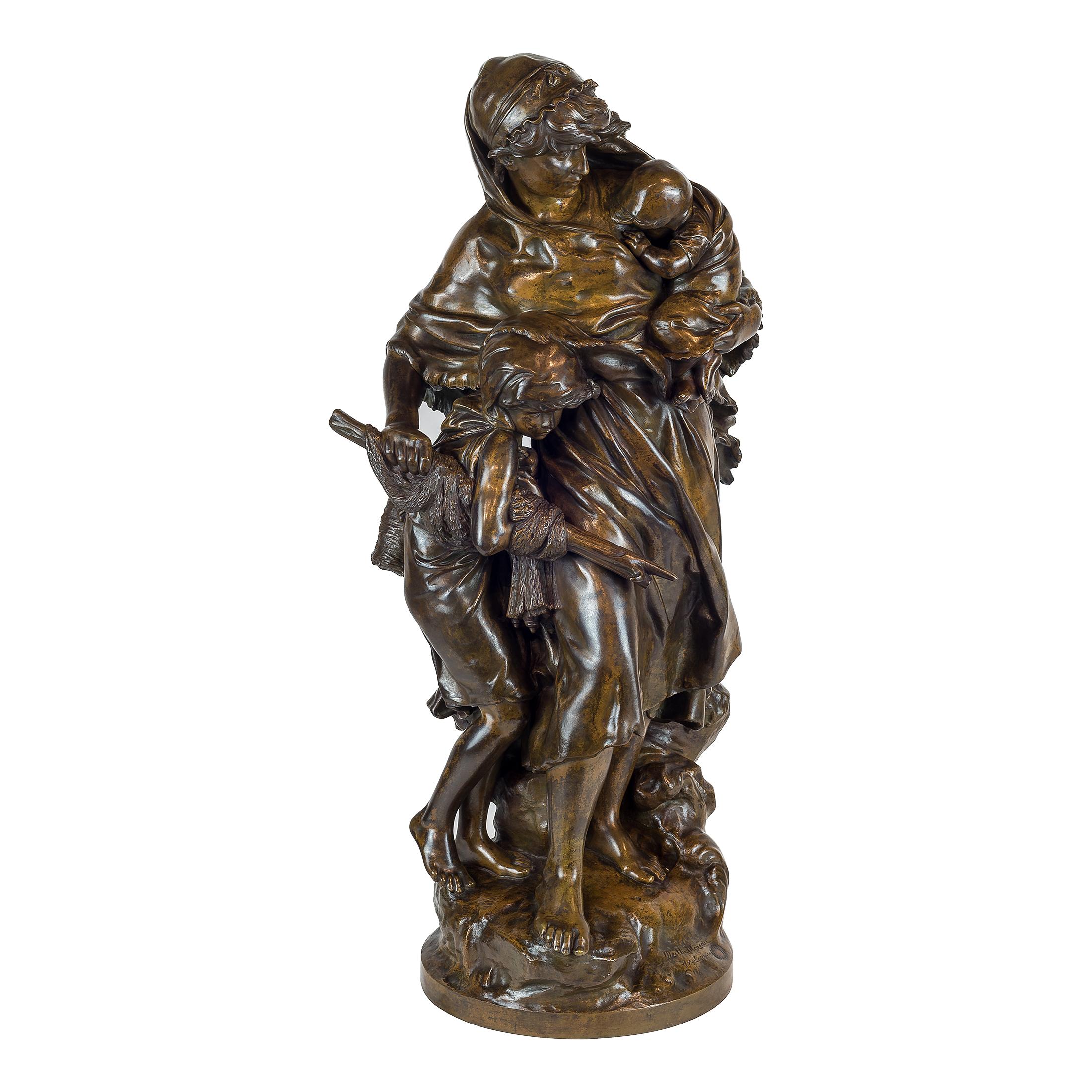 A high quality patinated bronze Sculpture by Mathurin Moreau
A bronze group figure depicting a mother carrying a small child on her left arm, a young girl with net and basket at her right side, on a rocky moulded base and circular plinth.
Signed