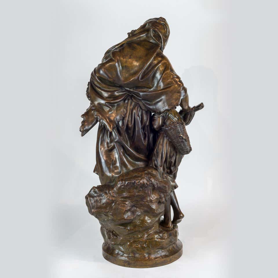French 19th Century Patinated Bronze Sculpture of Mother and Child by Mathurin Moreau For Sale