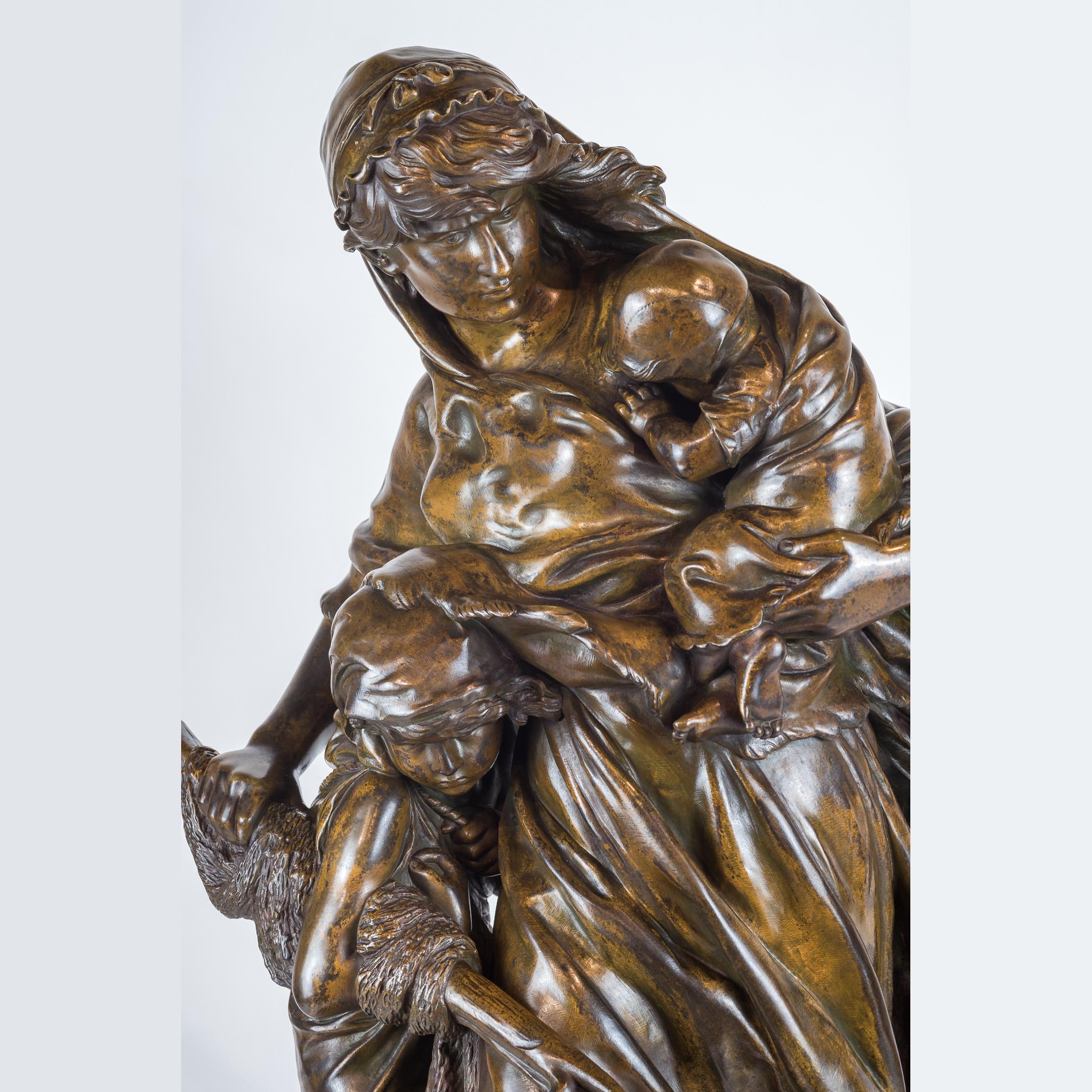 19th Century Patinated Bronze Sculpture of Mother and Child by Mathurin Moreau In Good Condition In New York, NY