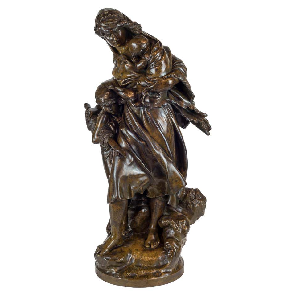 19th Century Patinated Bronze Sculpture of Mother and Child by Mathurin Moreau For Sale