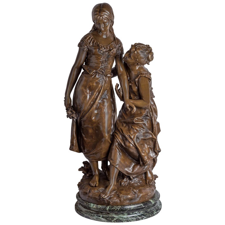 Fine Patinated Bronze Sculpture of Two Females by Hippolyte Moreau For Sale  at 1stDibs