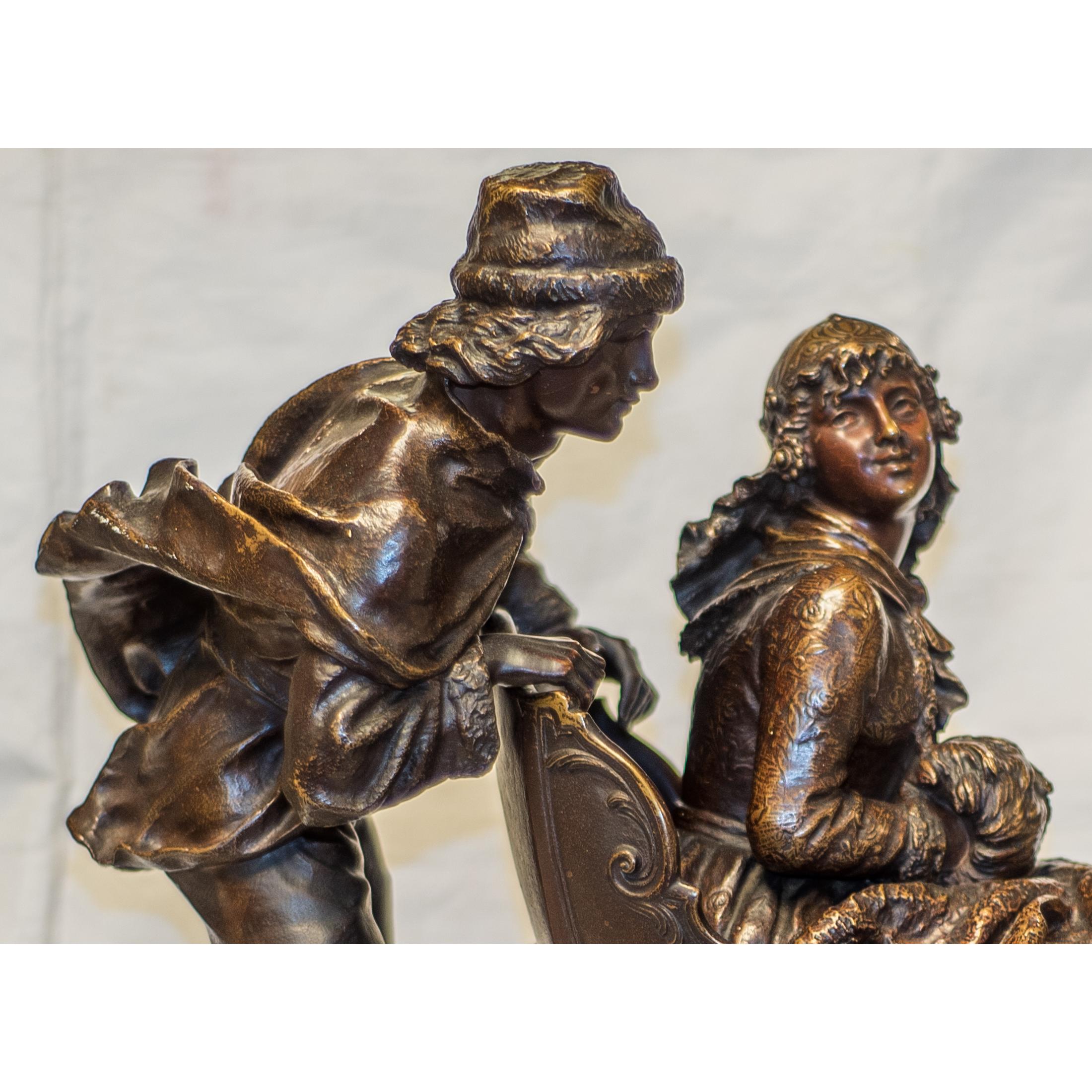 Une belle sculpture en bronze patiné représentant un homme poussant le traîneau de la femme par Charles Ferville-Suan.
Scène d'hiver représentant un homme en patins, poussant le traîneau de la femme montée, sur socle en onyx et bois ; signé en