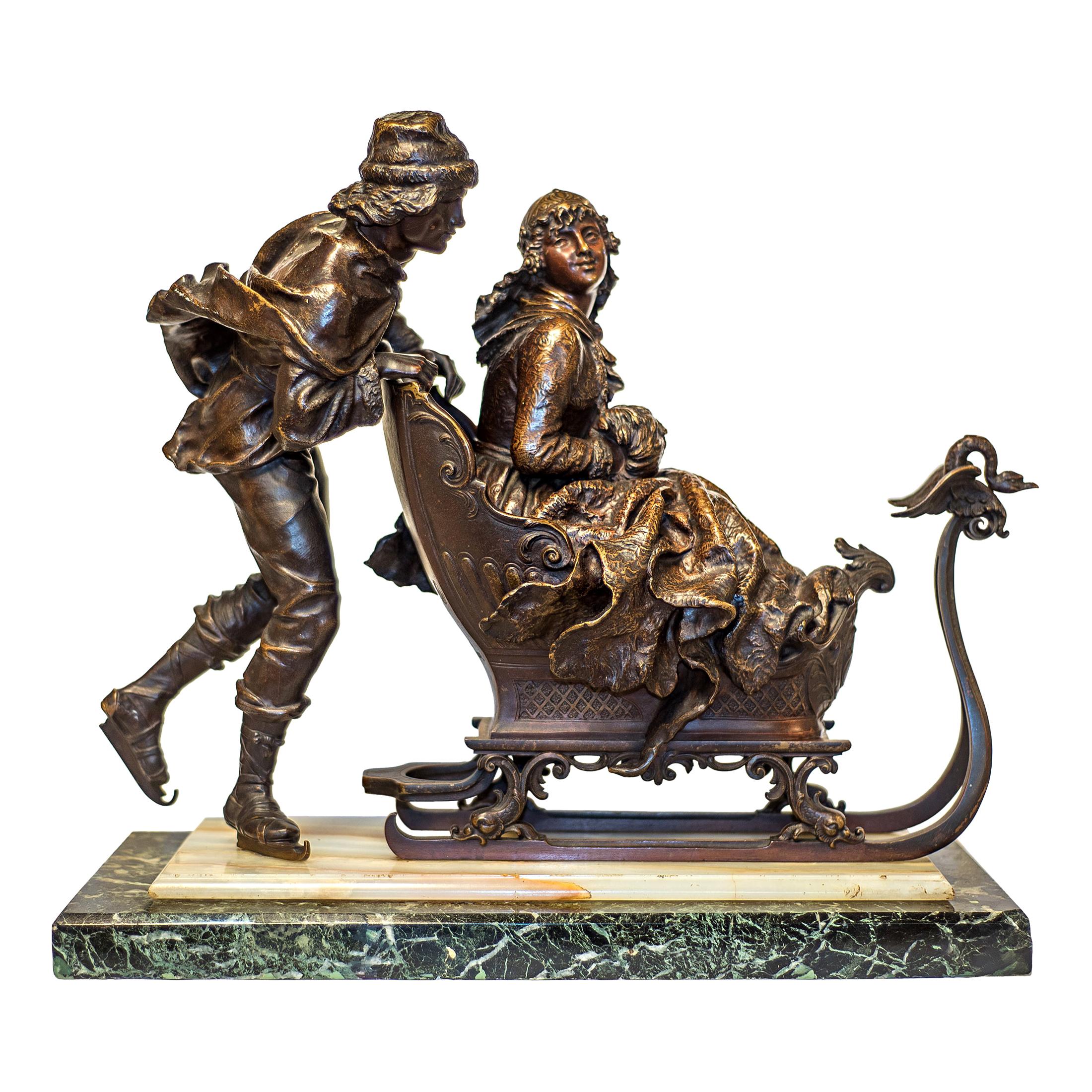 19th Century Patinated Bronze Sculpture on a Sled by Charles Ferville-Suan