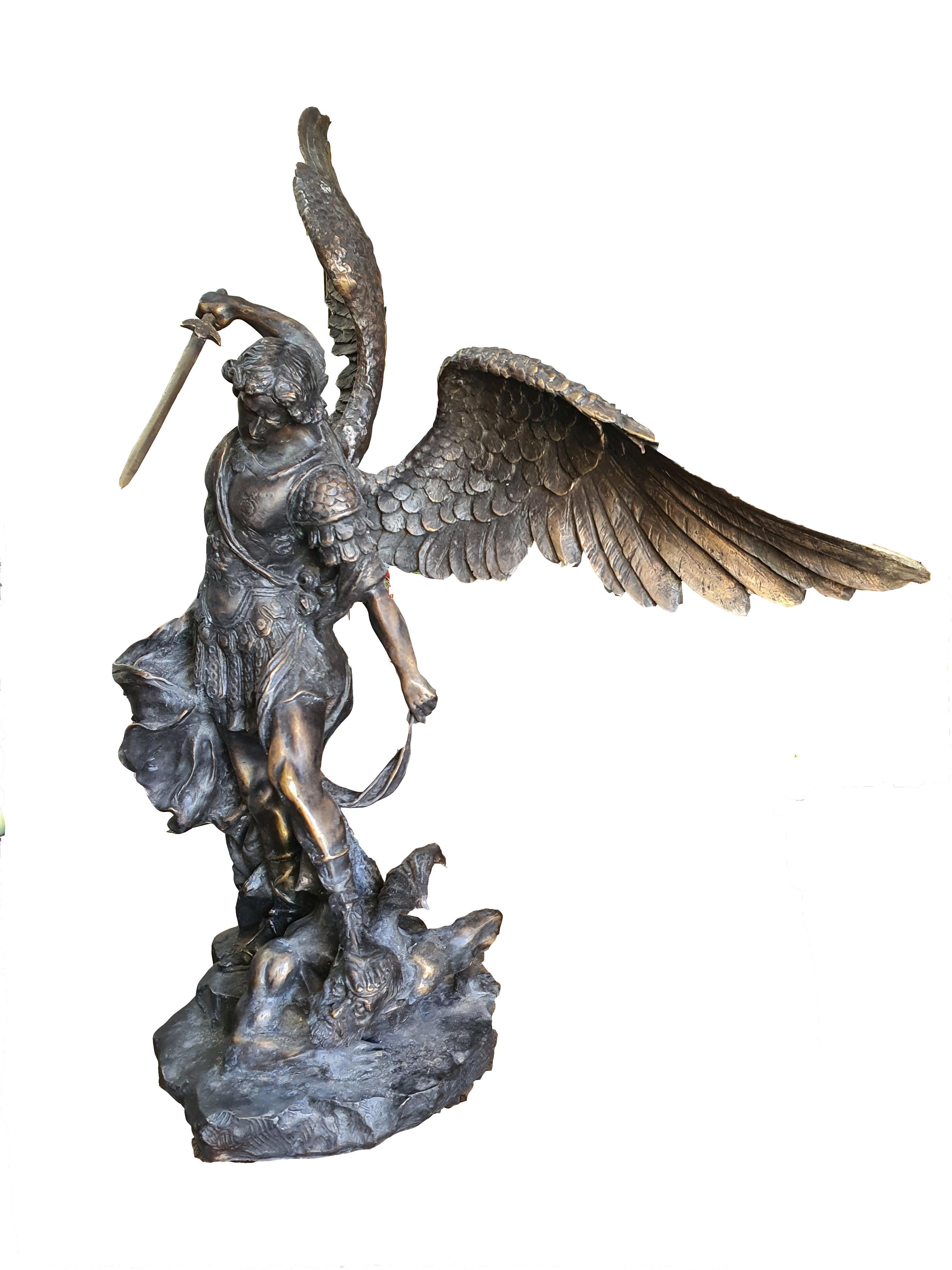 Elegant patinated bronze sculpture, depicting Archangel Michael. Signed 