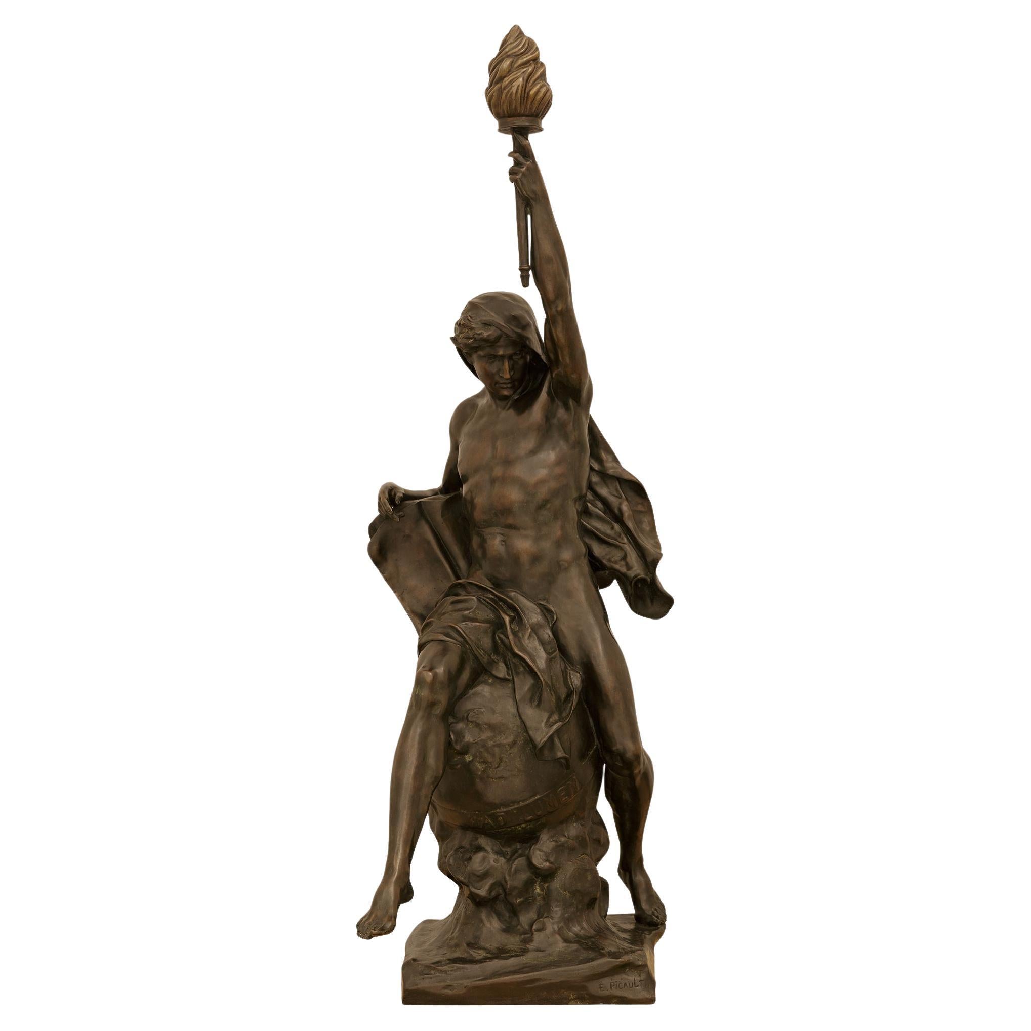 19th century patinated Bronze statue titled “Ad Lumen”, signed by Émile Picault For Sale