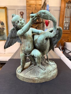 19th Century Patinated Bronze Cherub and Swan Sculpture by Jean-Jacques Pradier